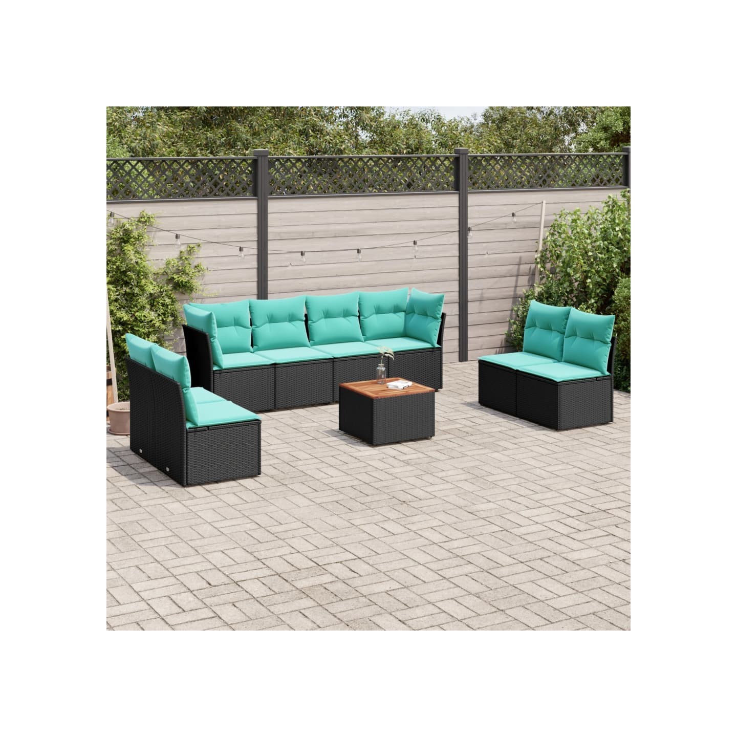 Salon de jardin 9 pcs avec coussins noir résine tressée