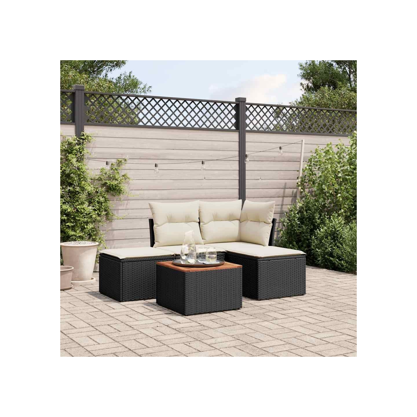 Salon de jardin 5 pcs avec coussins noir résine tressée