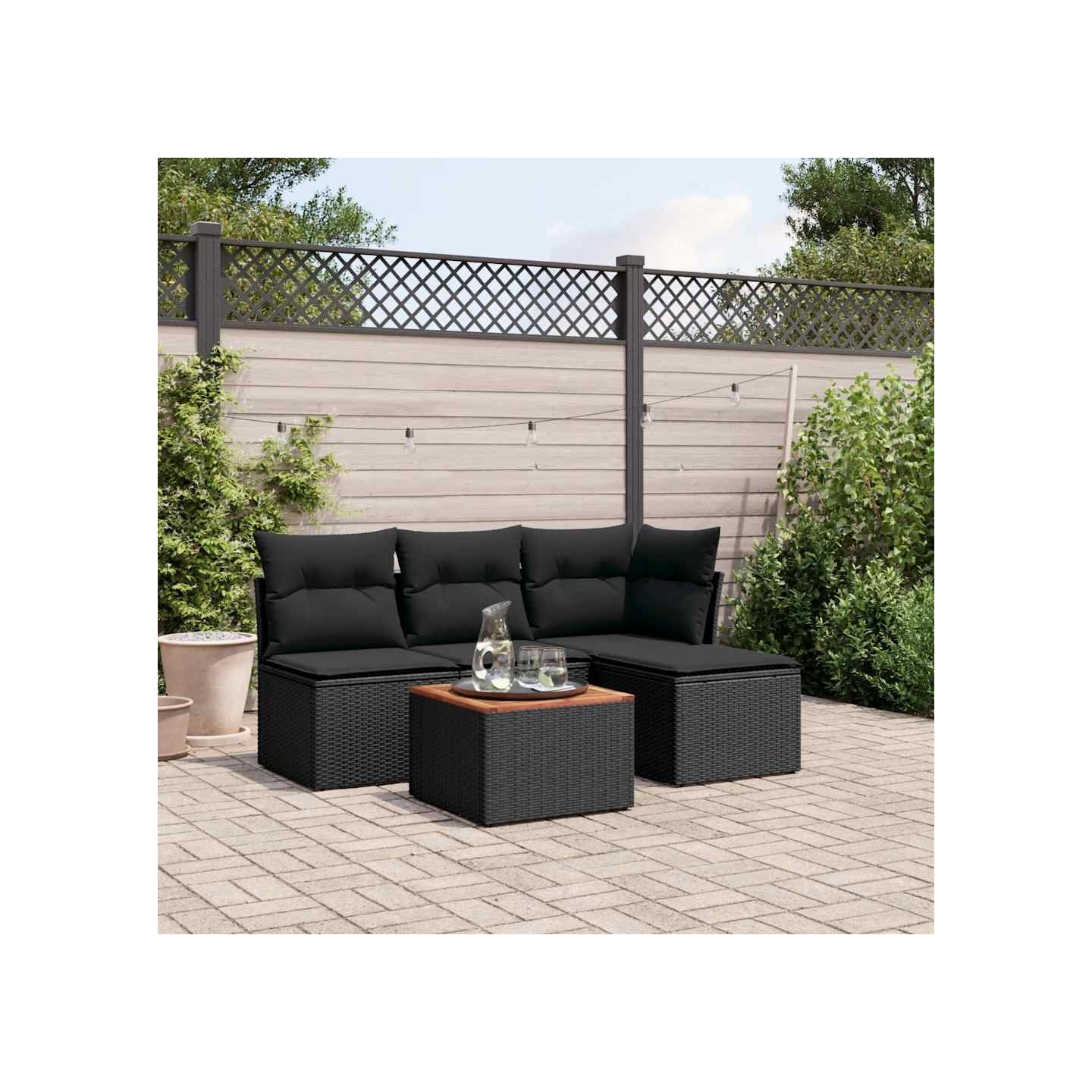 Salon de jardin 5 pcs avec coussins noir résine tressée