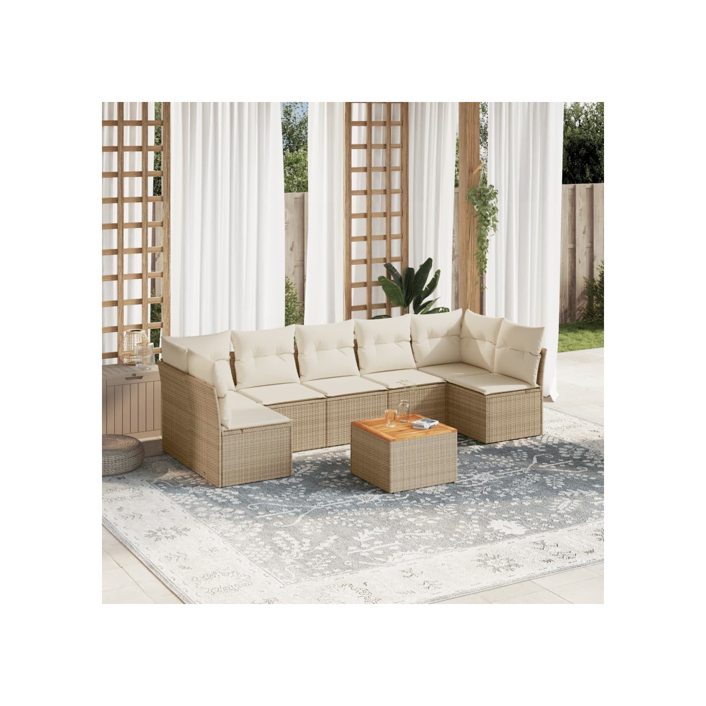 Salon de jardin avec coussins 8 pcs beige résine tressée