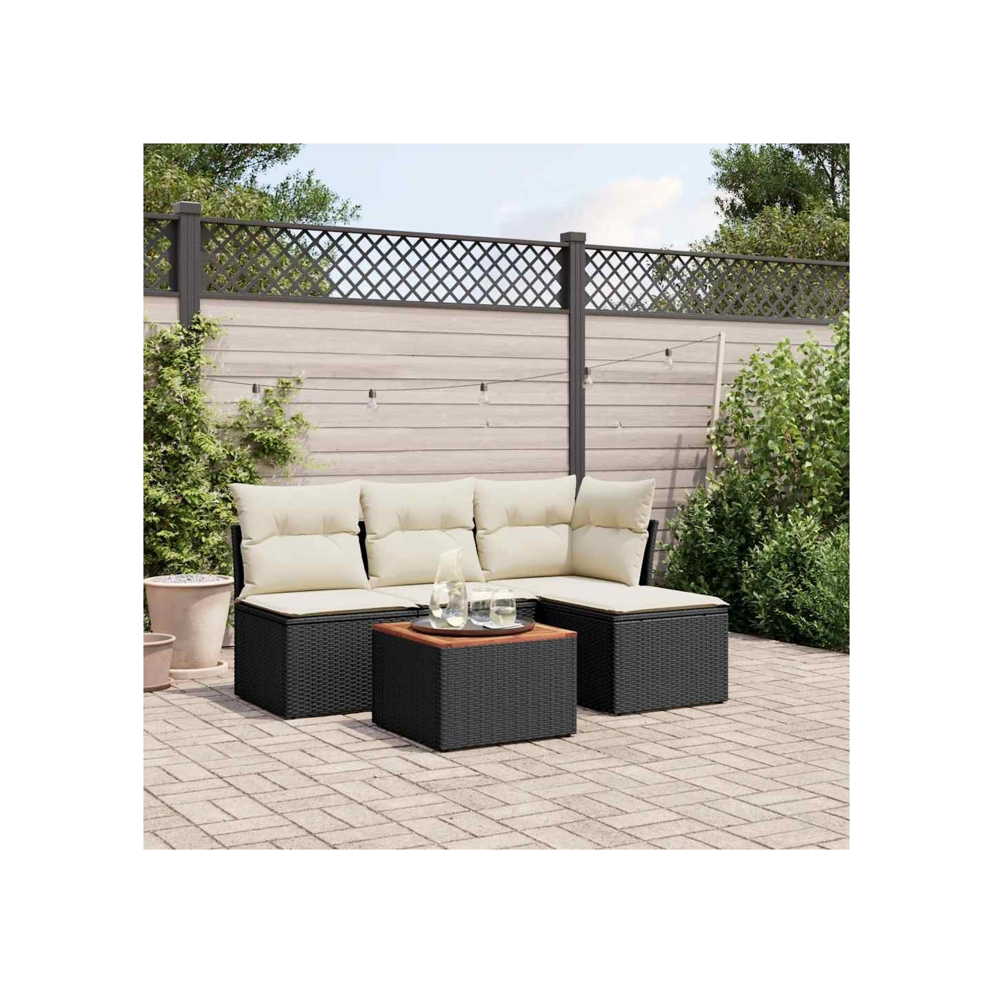 Salon de jardin 5 pcs avec coussins noir résine tressée