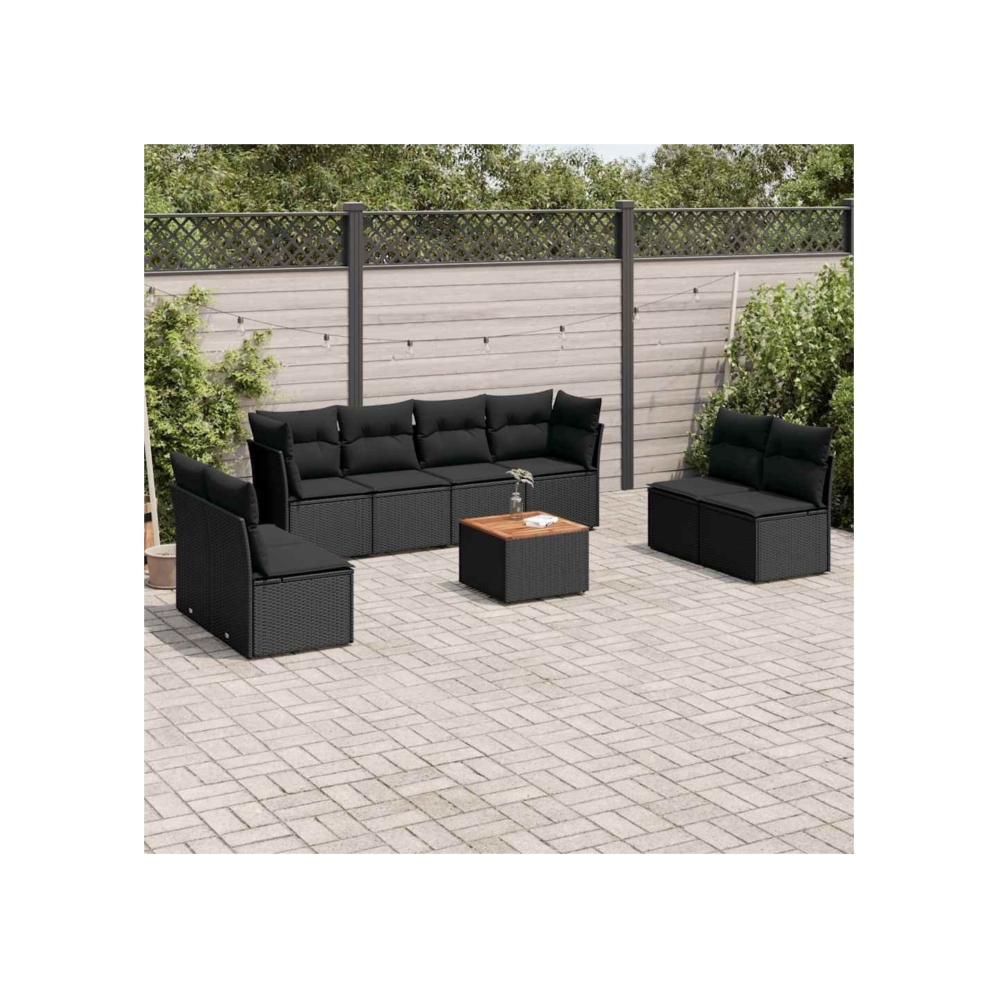 Salon de jardin 9 pcs avec coussins noir résine tressée