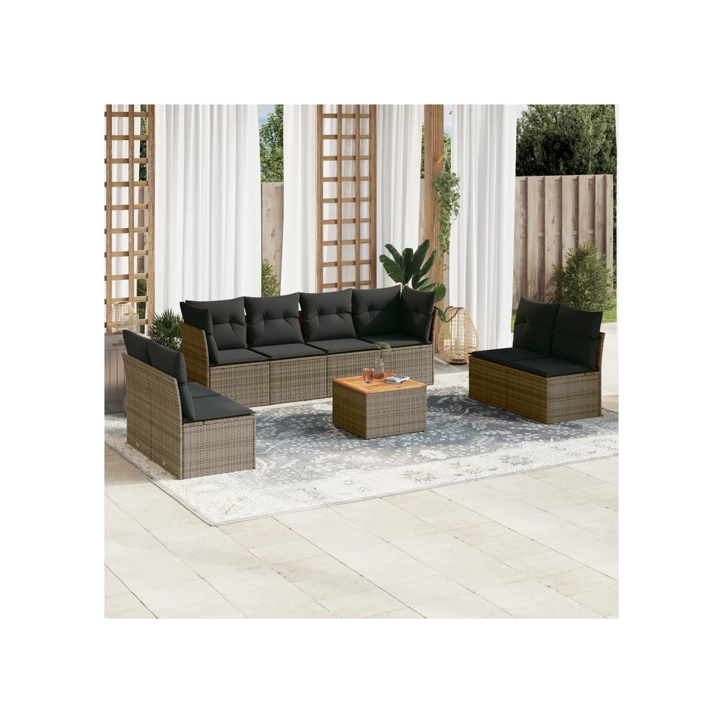 Salon de jardin 9 pcs avec coussins gris résine tressée