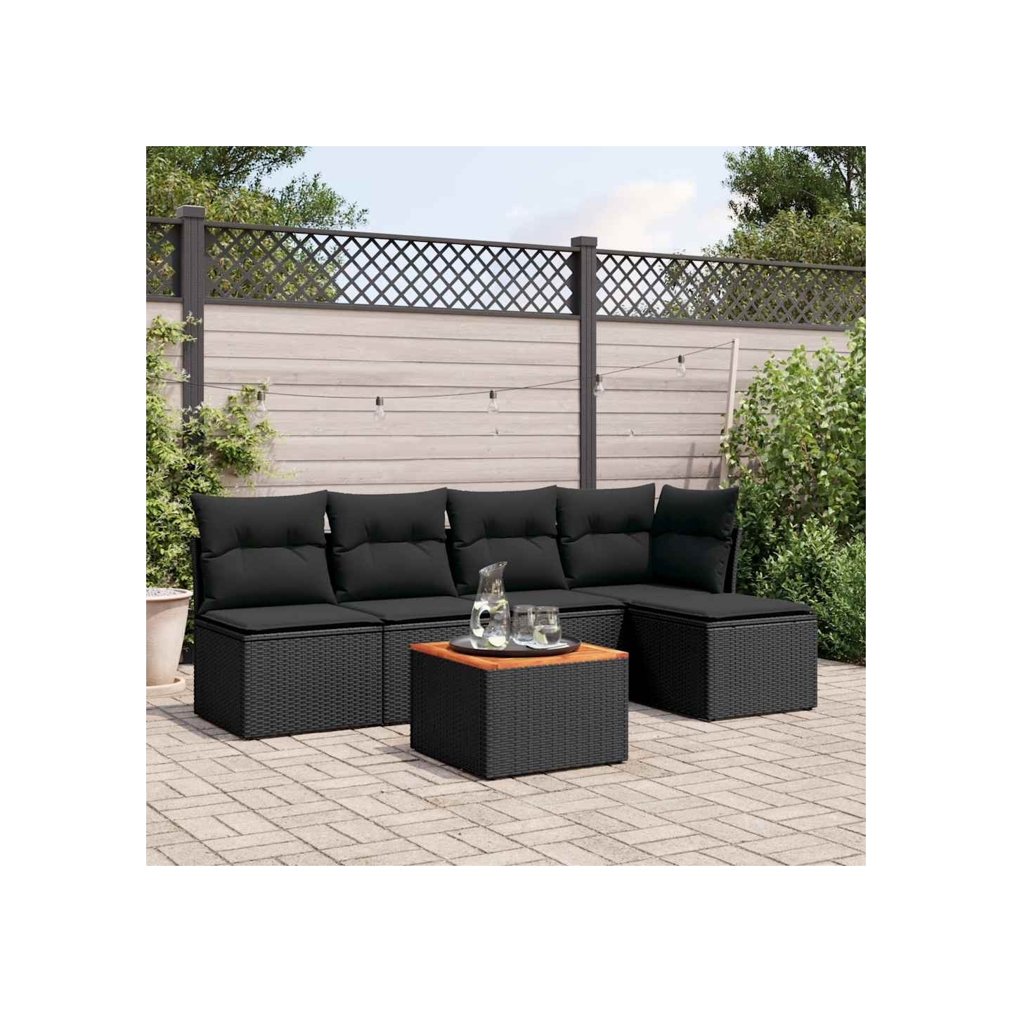 Salon de jardin 6 pcs avec coussins noir résine tressée