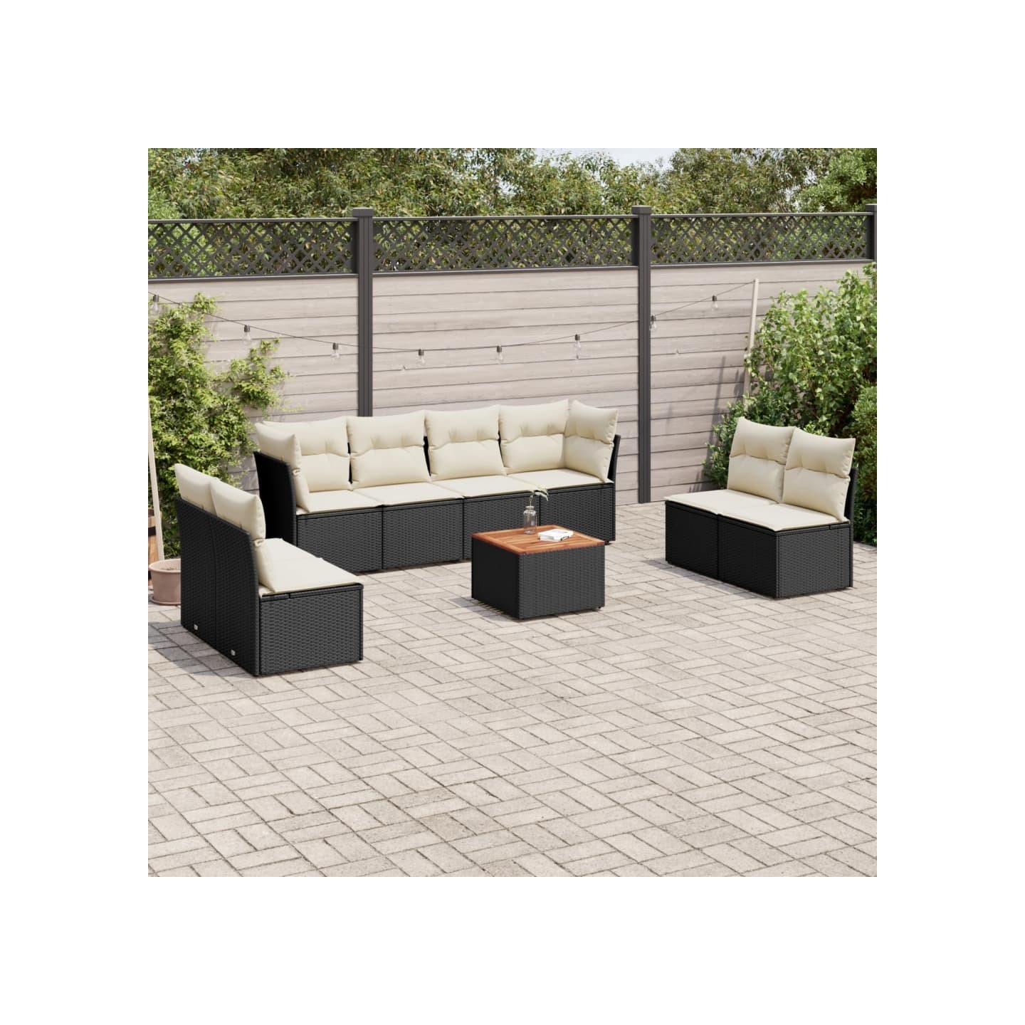 Salon de jardin 9 pcs avec coussins noir résine tressée