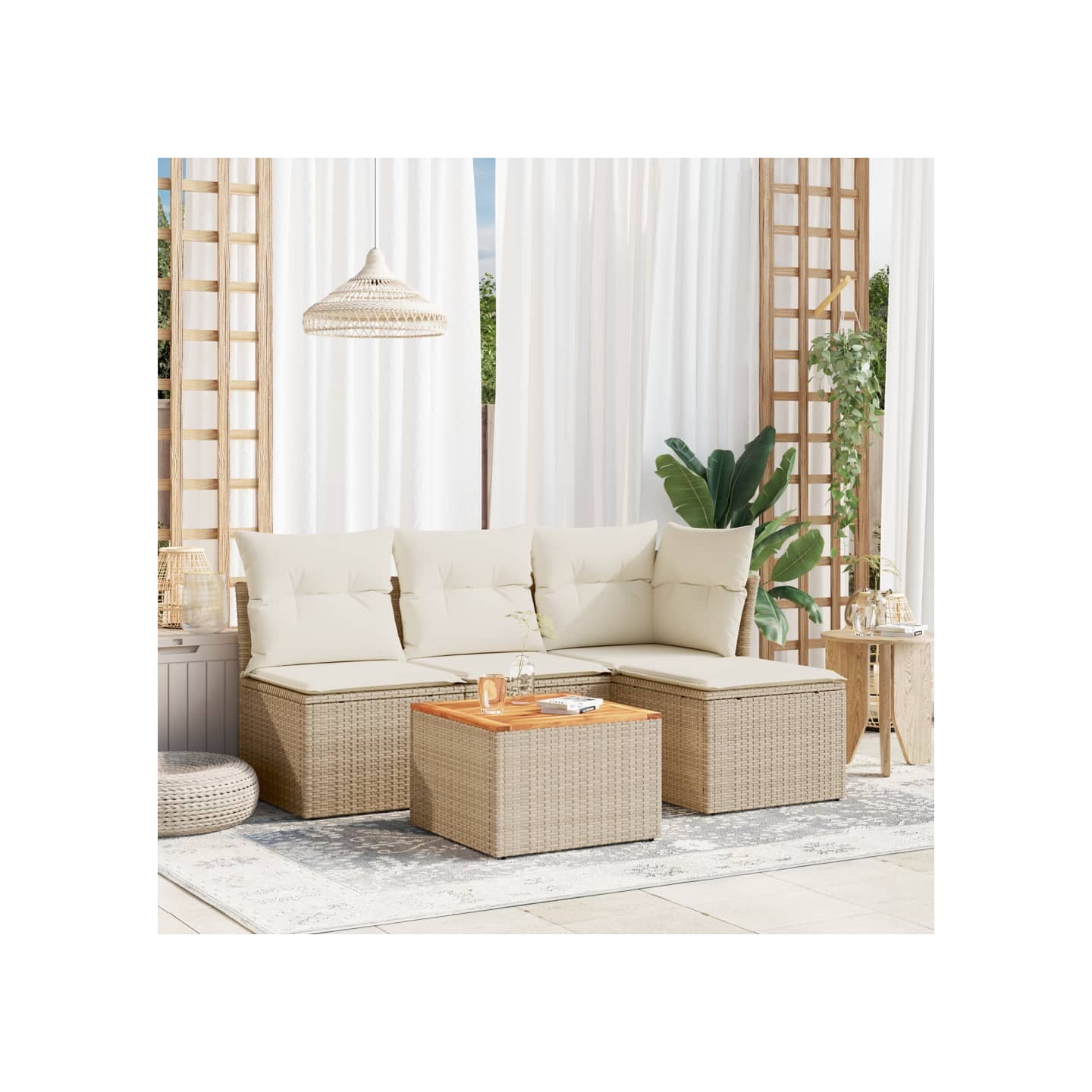 Salon de jardin avec coussins 5 pcs beige résine tressée