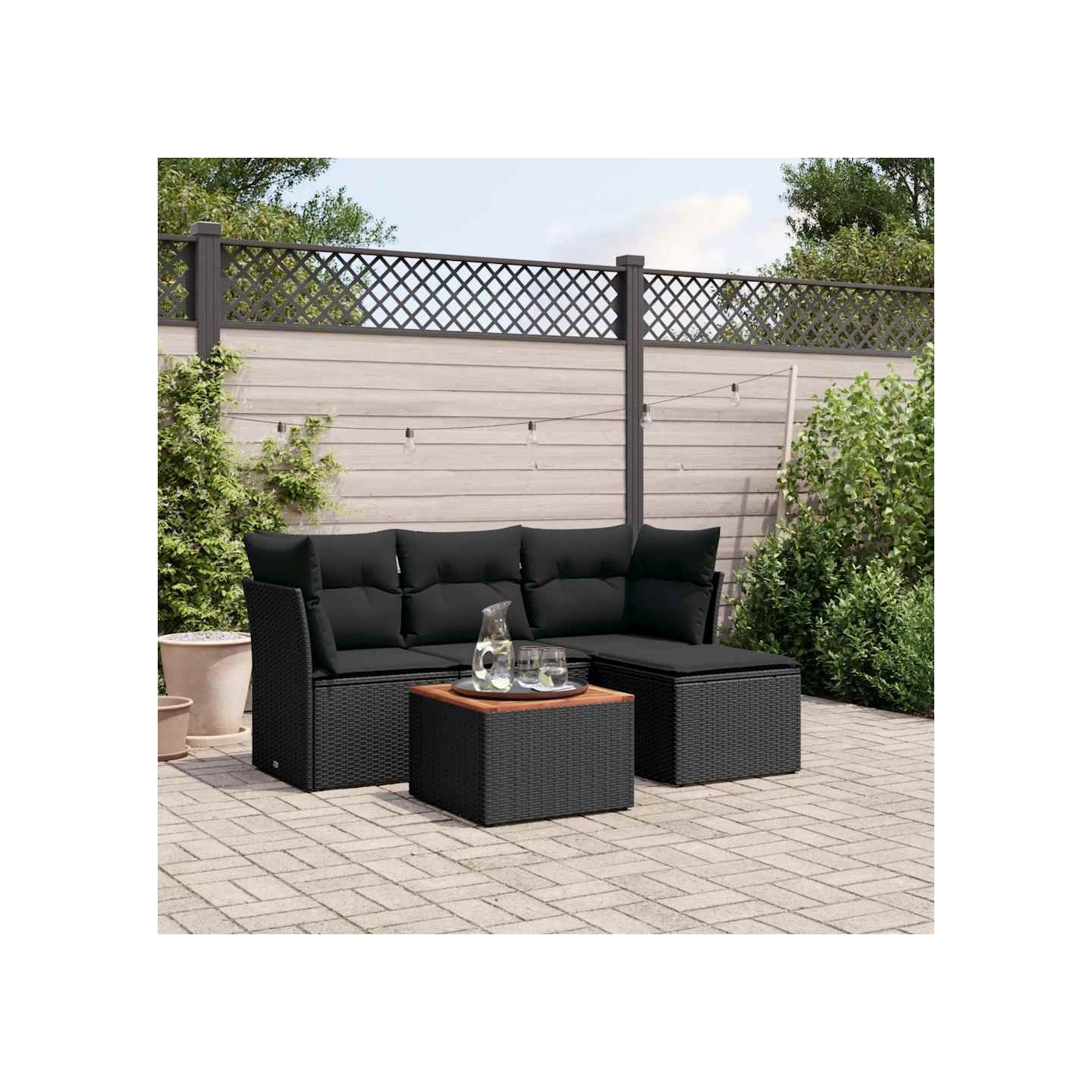 Salon de jardin 5 pcs avec coussins noir résine tressée