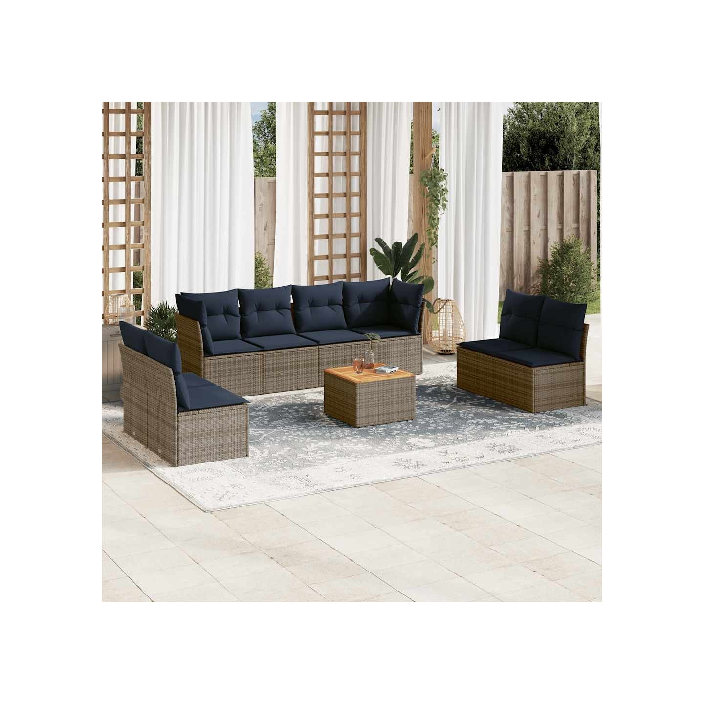 Salon de jardin 9 pcs avec coussins gris résine tressée