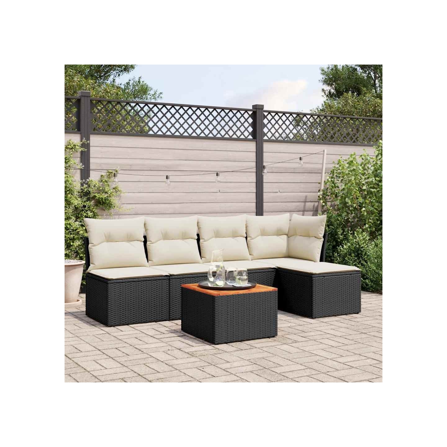 Salon de jardin 6 pcs avec coussins noir résine tressée