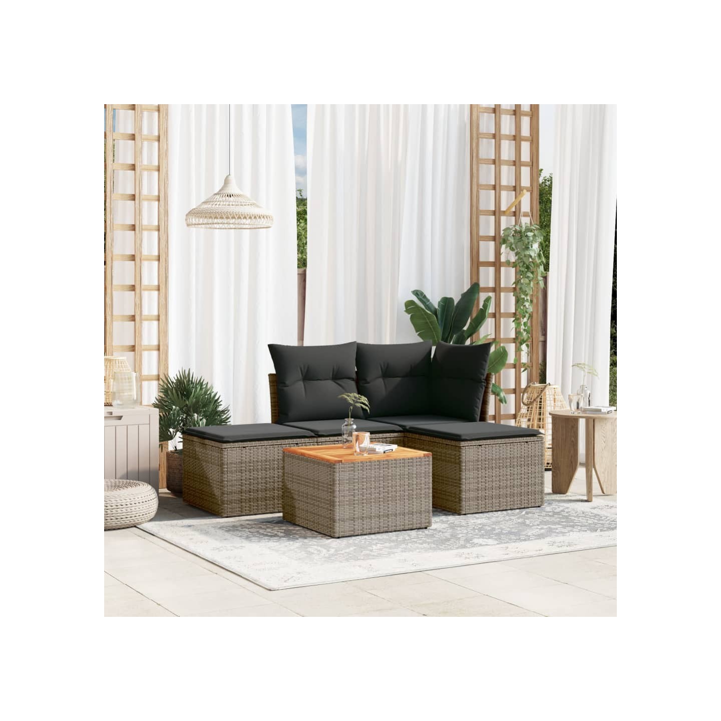 Salon de jardin 5 pcs avec coussins gris résine tressée