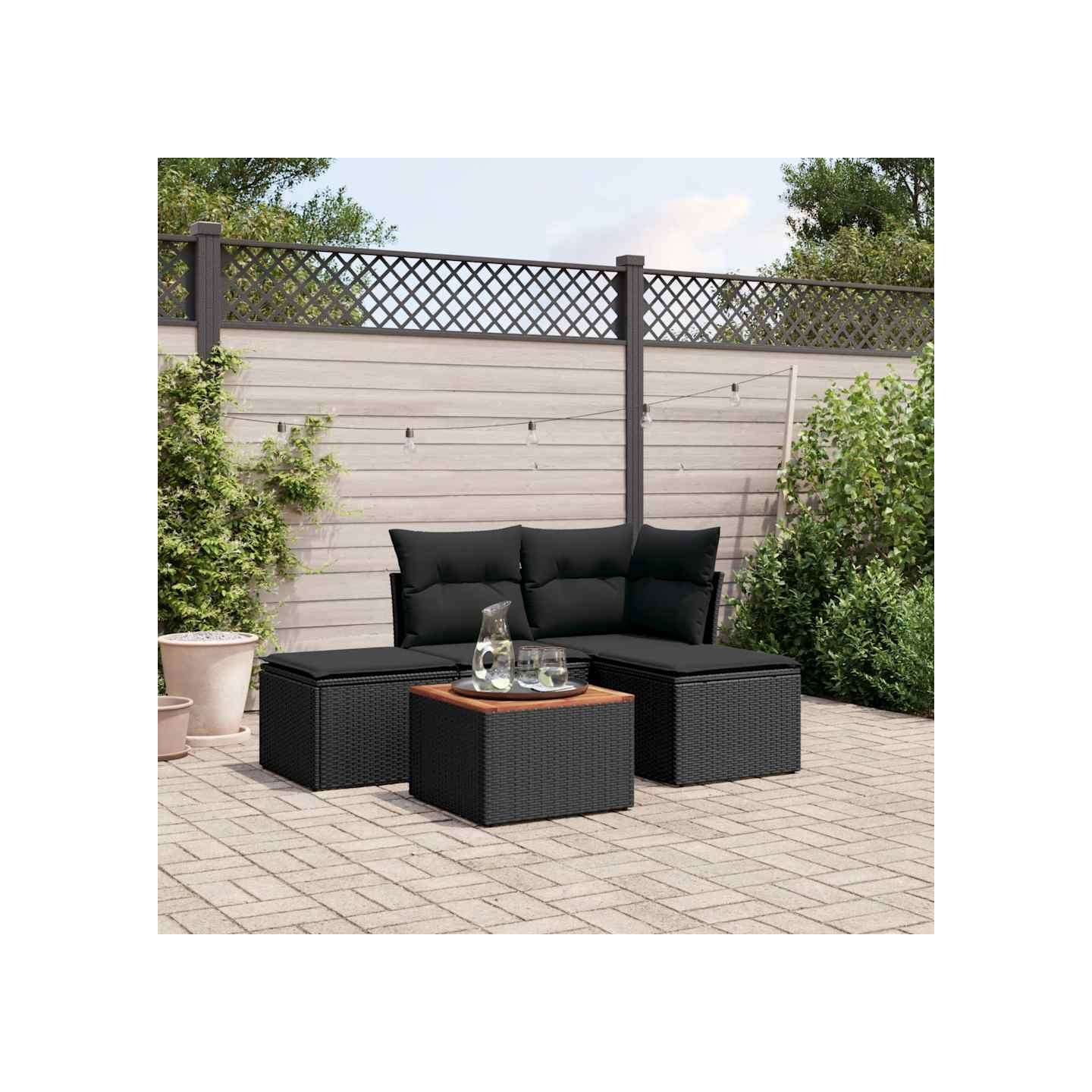 Salon de jardin 5 pcs avec coussins noir résine tressée