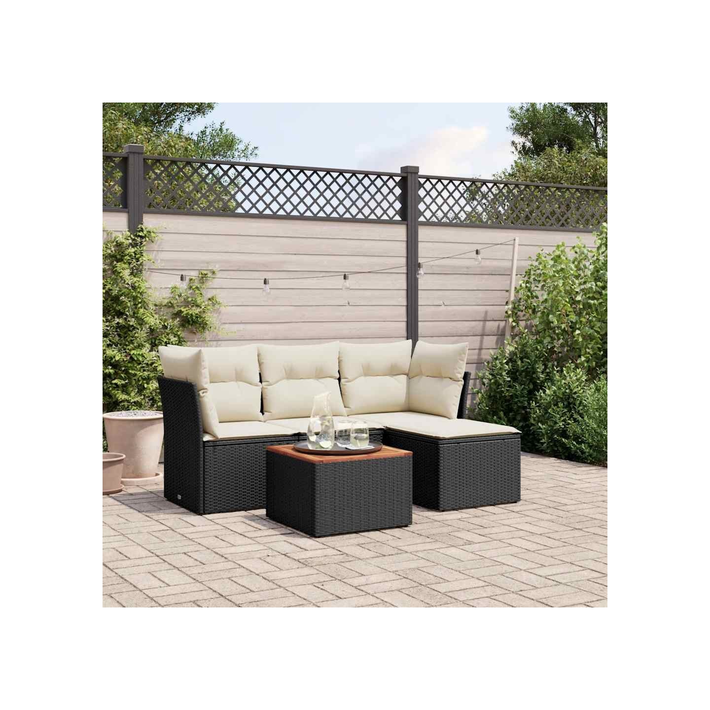 Salon de jardin 5 pcs avec coussins noir résine tressée
