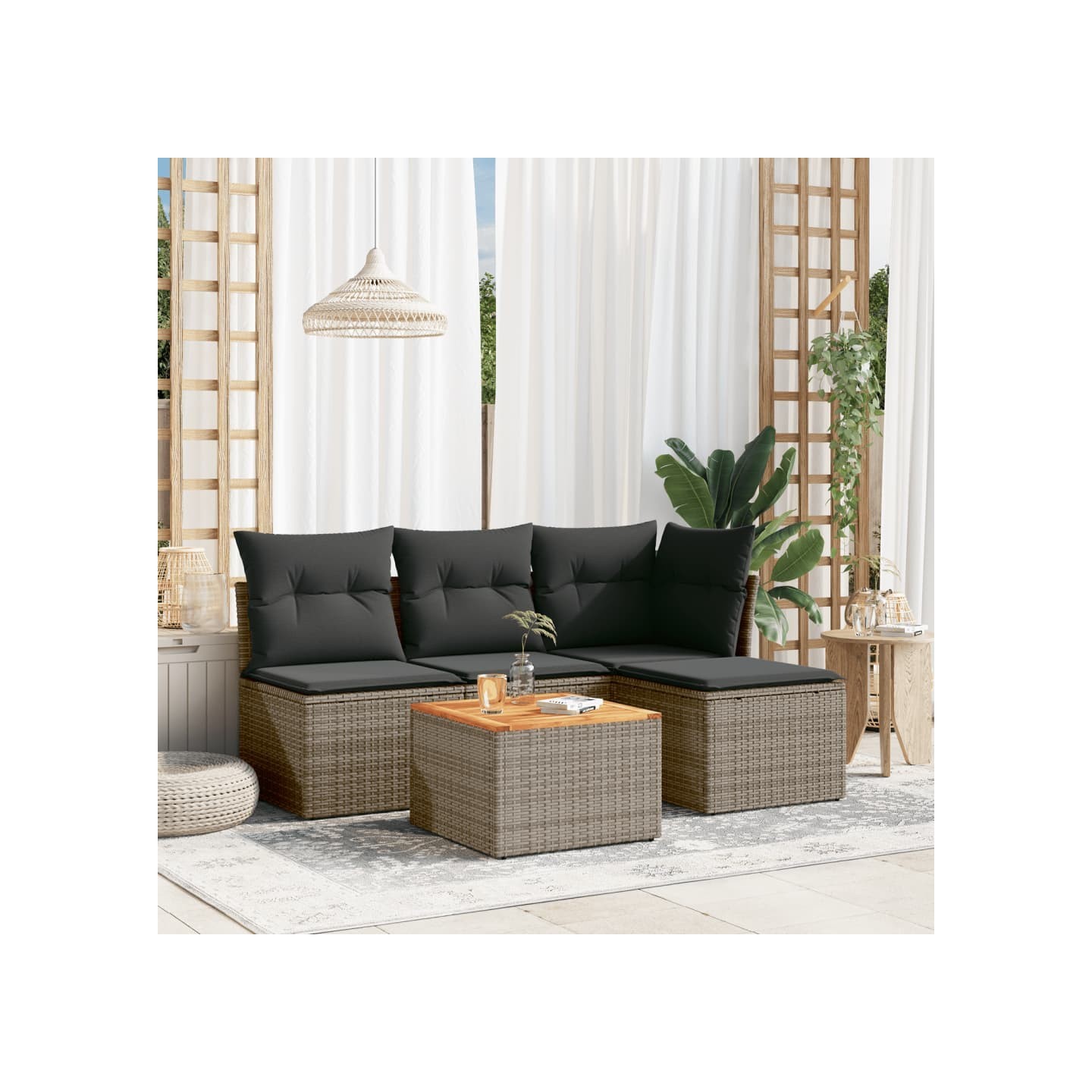 Salon de jardin 5 pcs avec coussins gris résine tressée