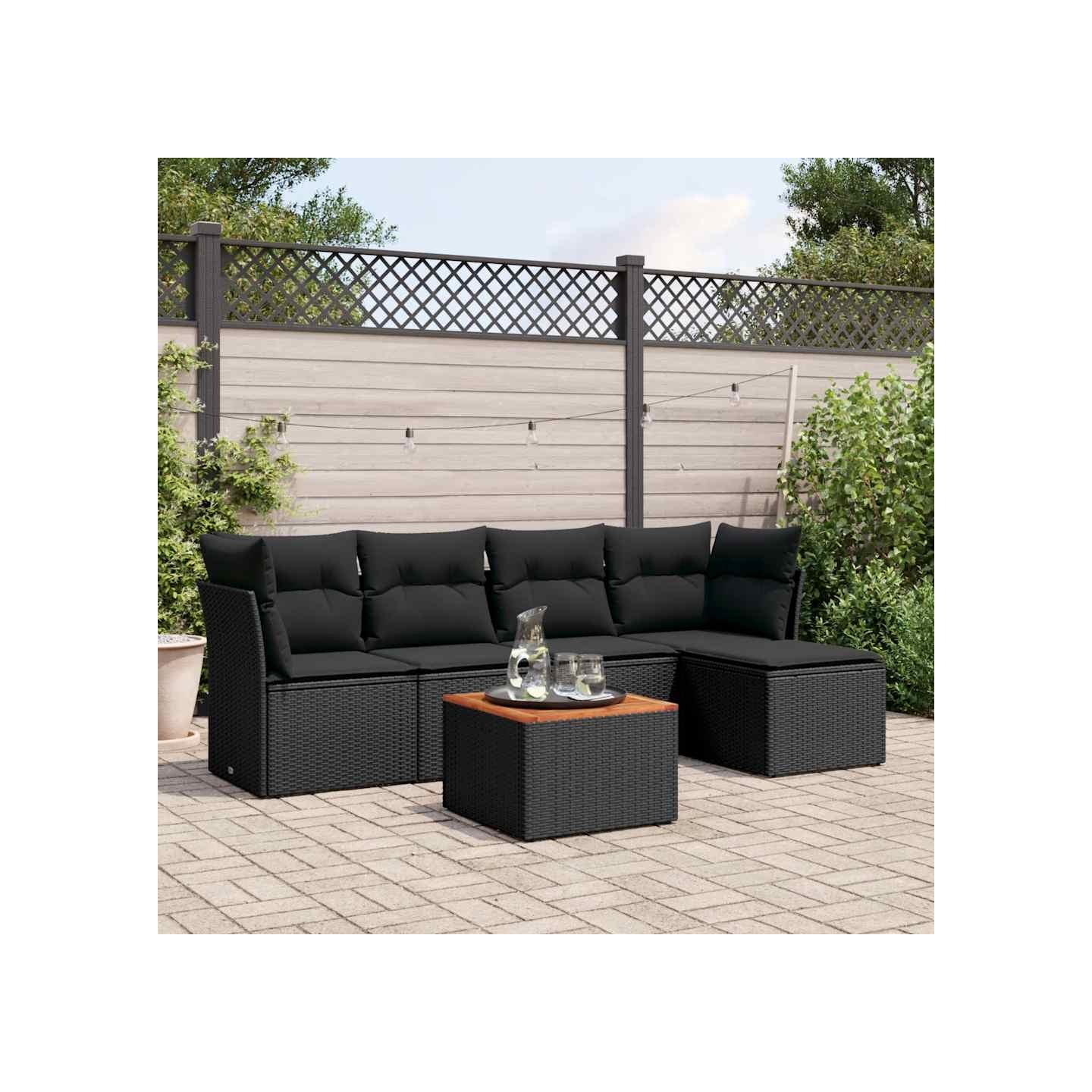 Salon de jardin 6 pcs avec coussins noir résine tressée