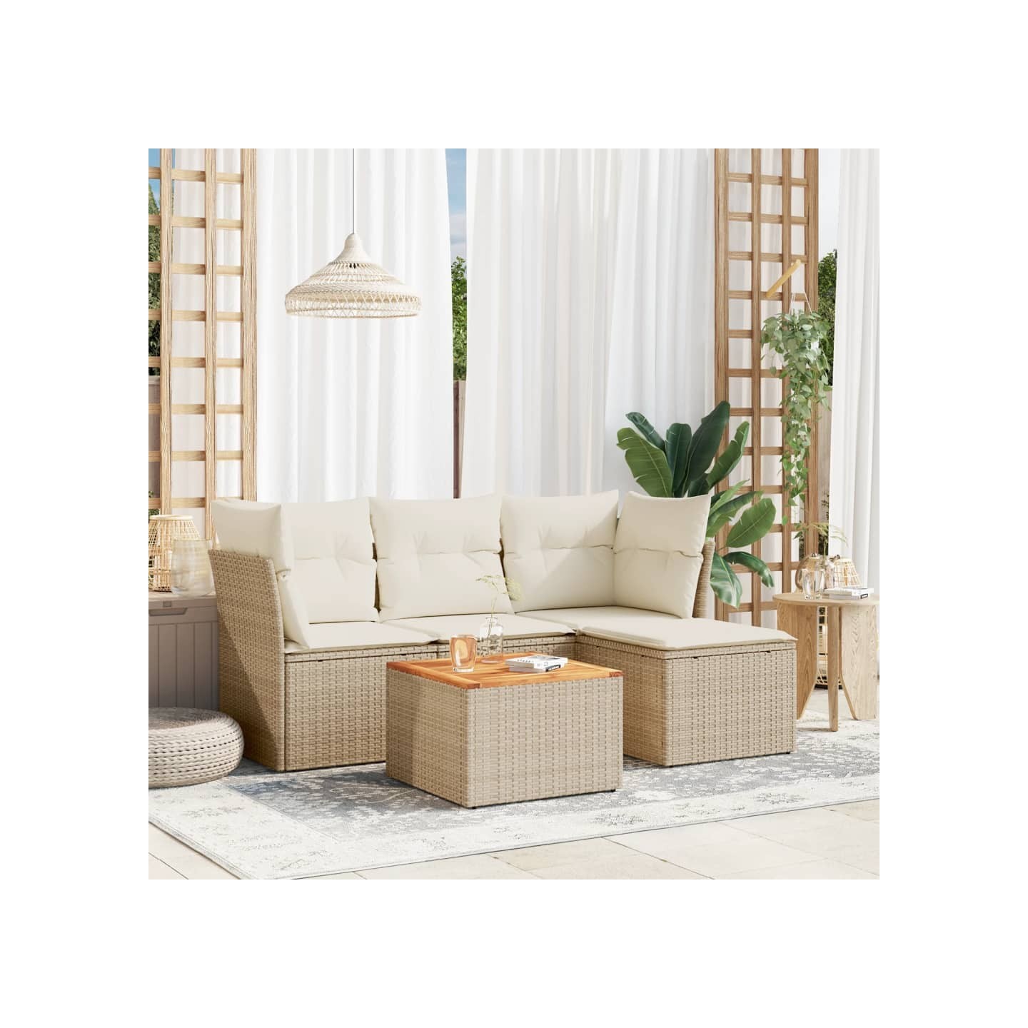 Salon de jardin avec coussins 5 pcs beige résine tressée