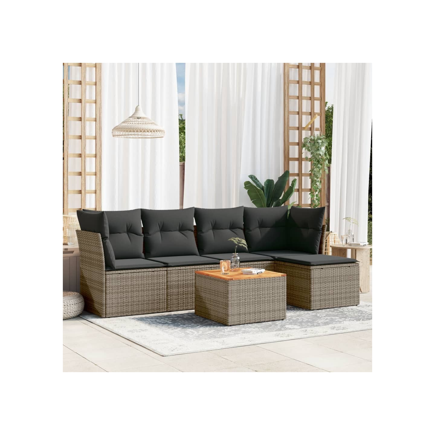 Salon de jardin 6 pcs avec coussins gris résine tressée