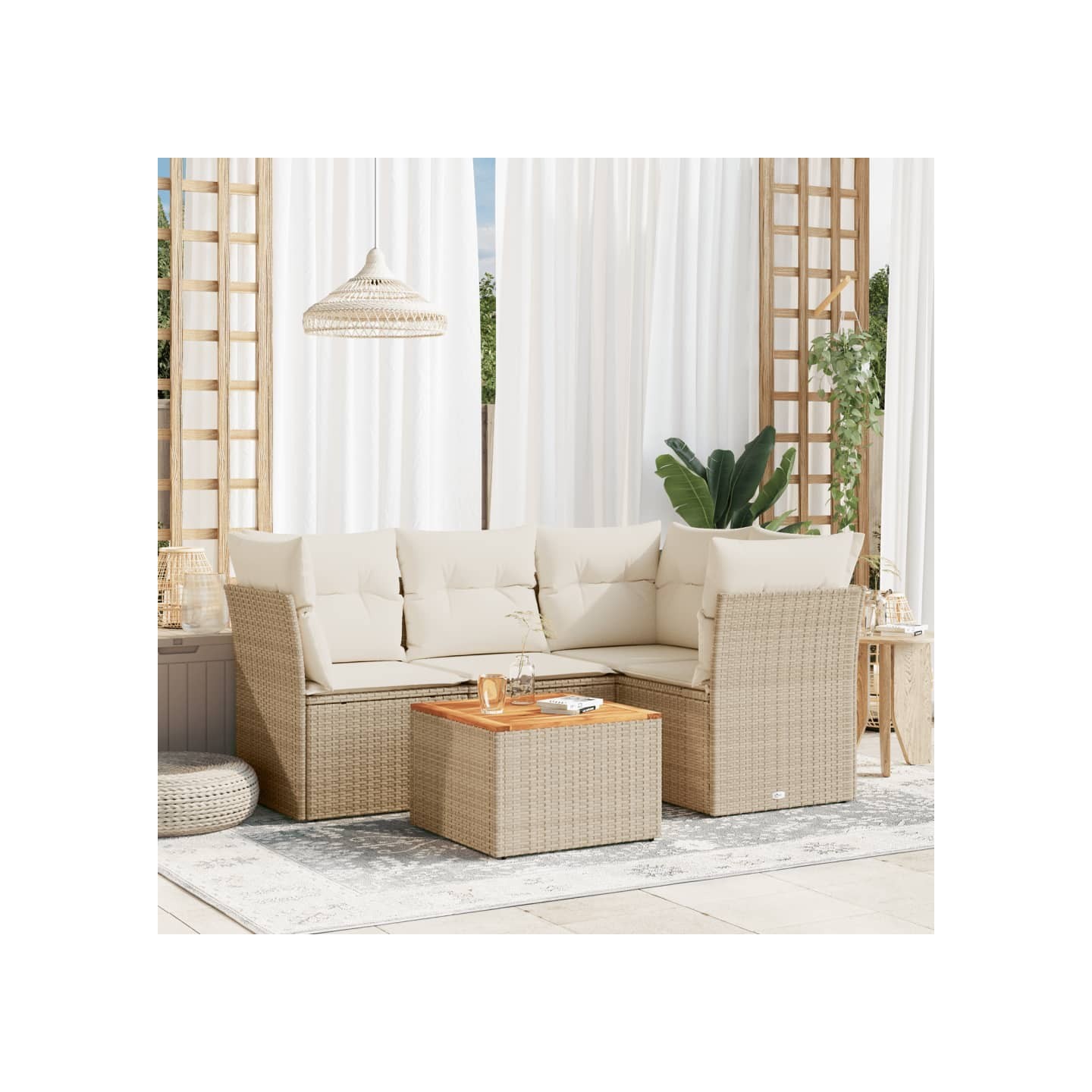 Salon de jardin avec coussins 5 pcs beige résine tressée