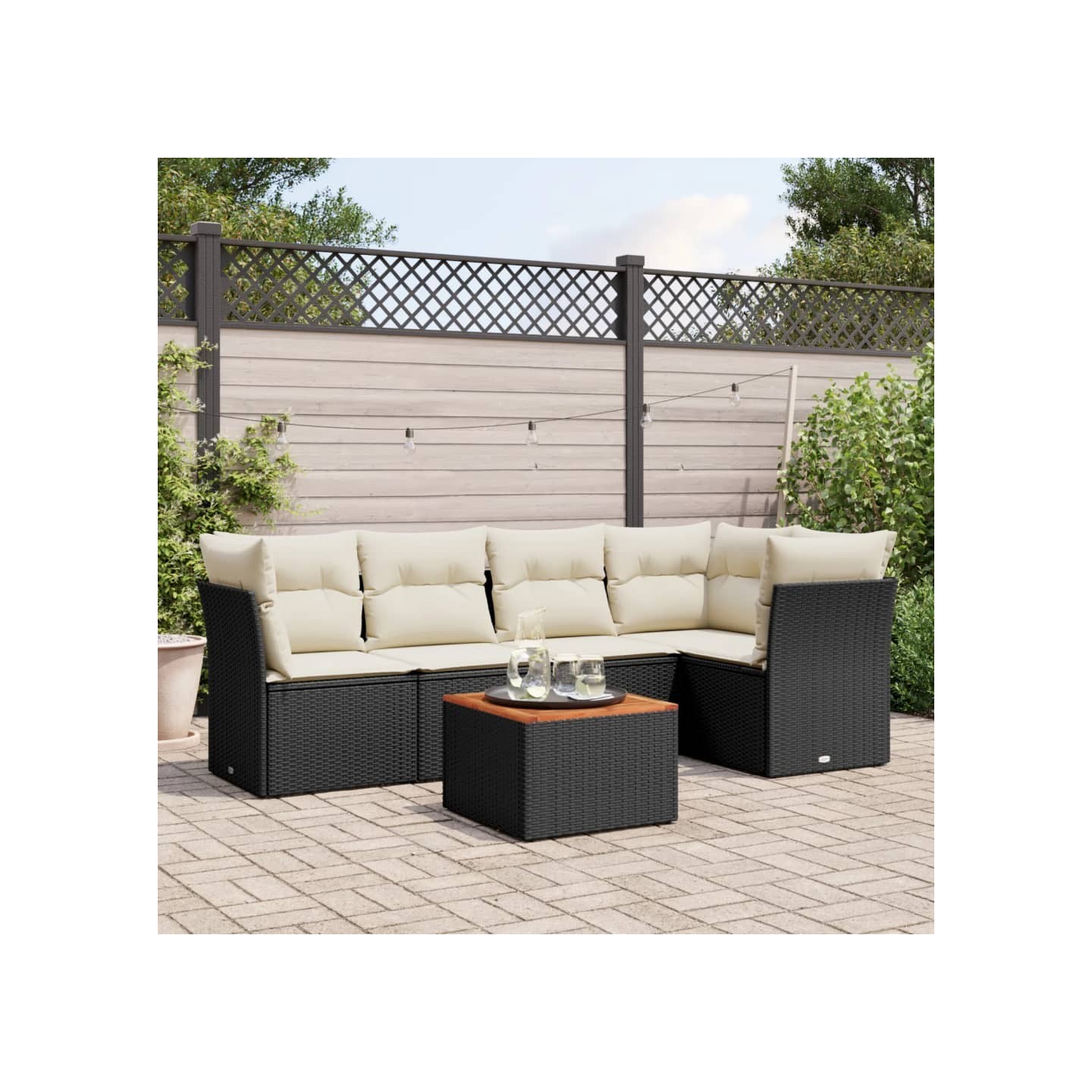 Salon de jardin 6 pcs avec coussins noir résine tressée