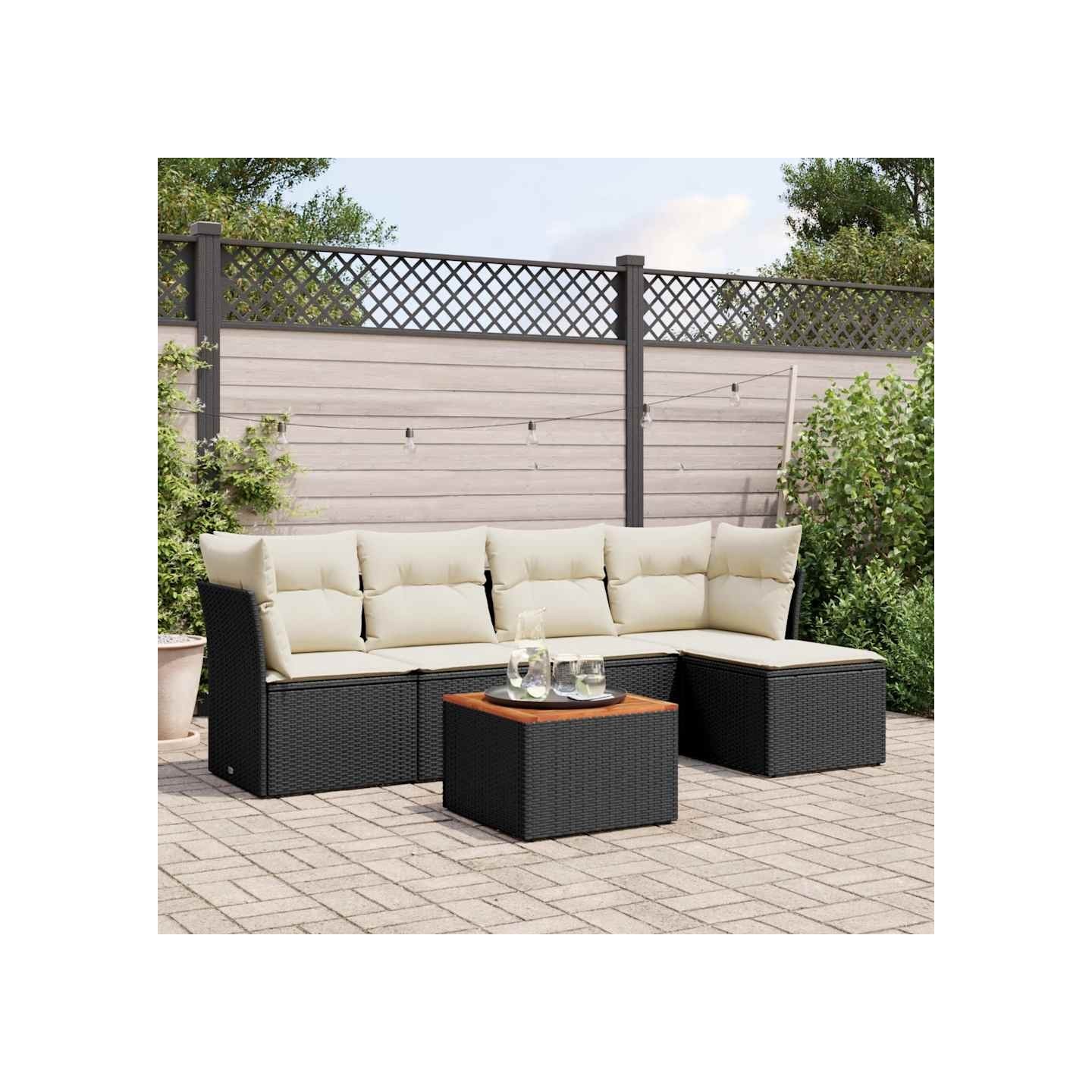 Salon de jardin 6 pcs avec coussins noir résine tressée