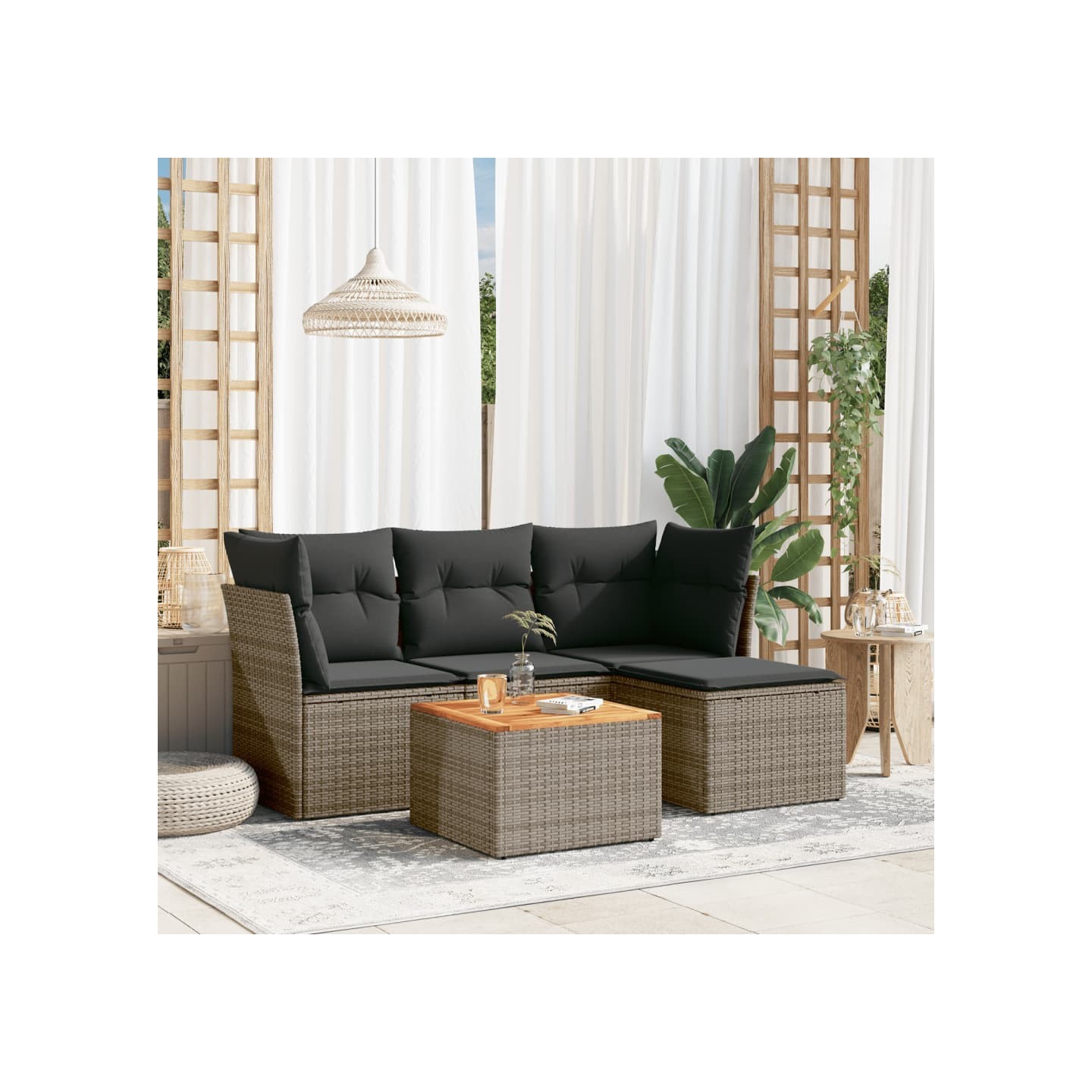 Salon de jardin 5 pcs avec coussins gris résine tressée