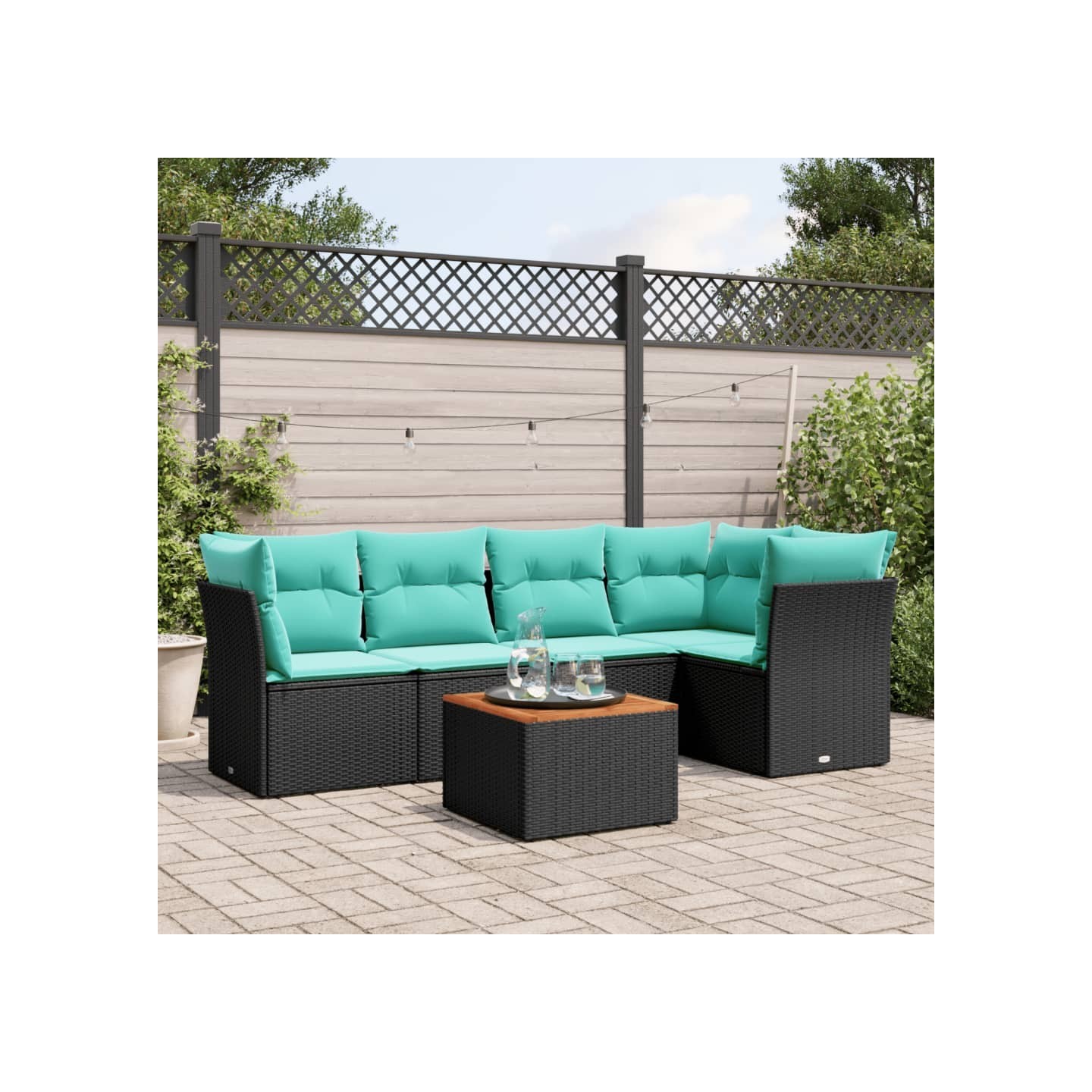 Salon de jardin 6 pcs avec coussins noir résine tressée