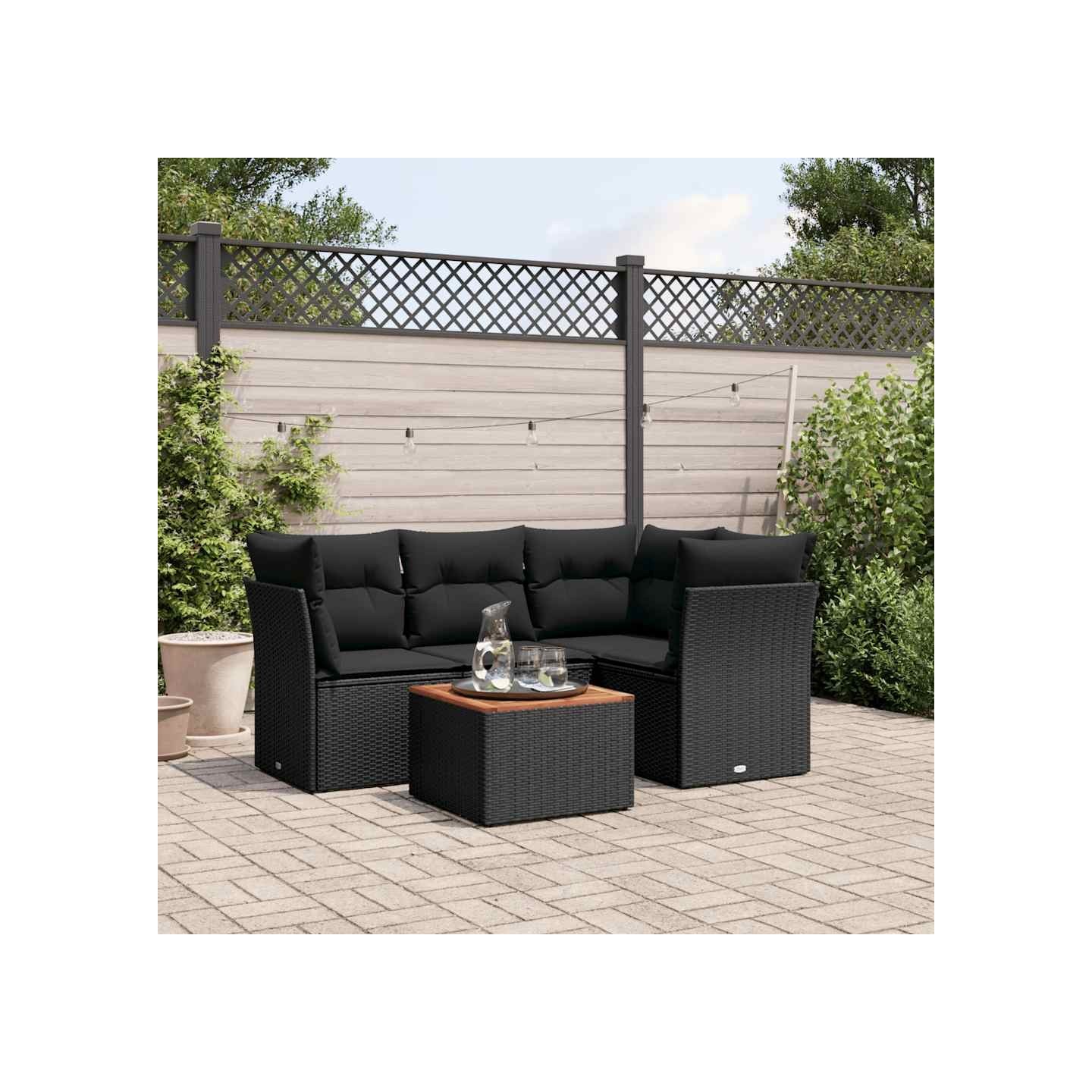 Salon de jardin 5 pcs avec coussins noir résine tressée