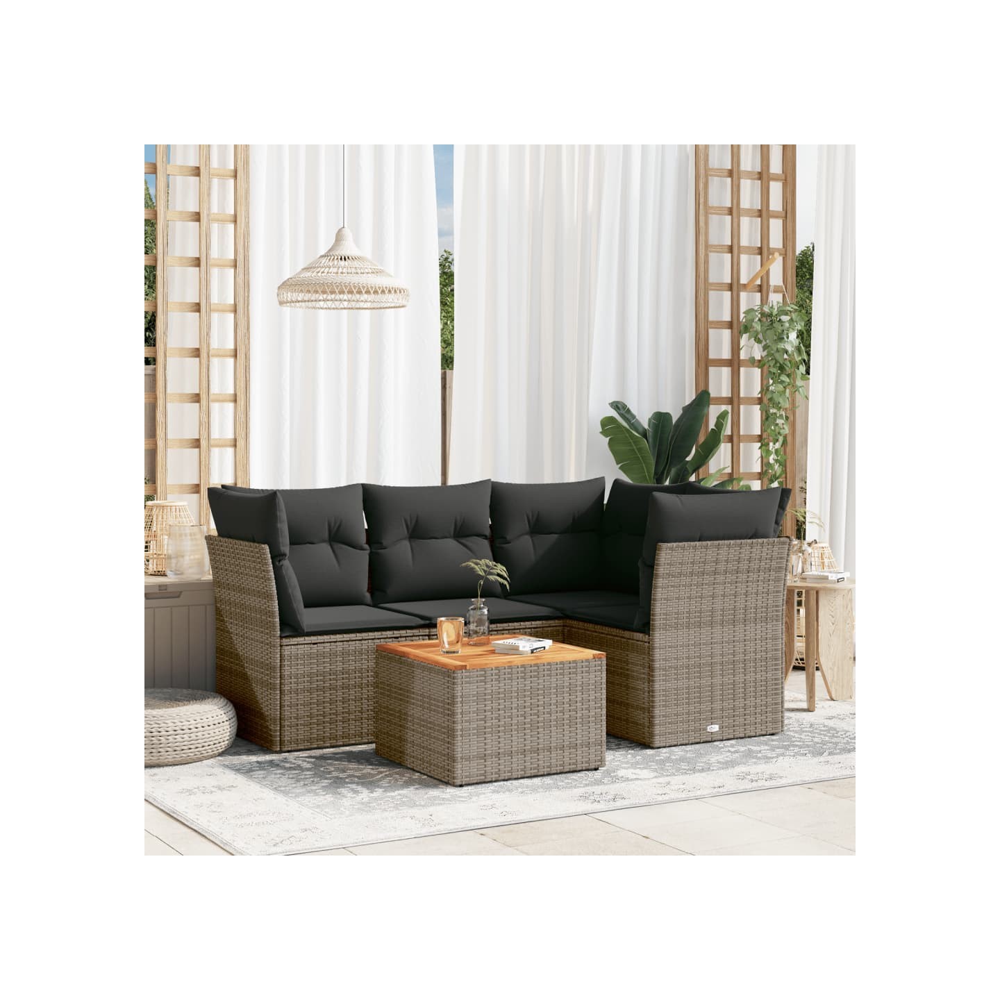 Salon de jardin 5 pcs avec coussins gris résine tressée