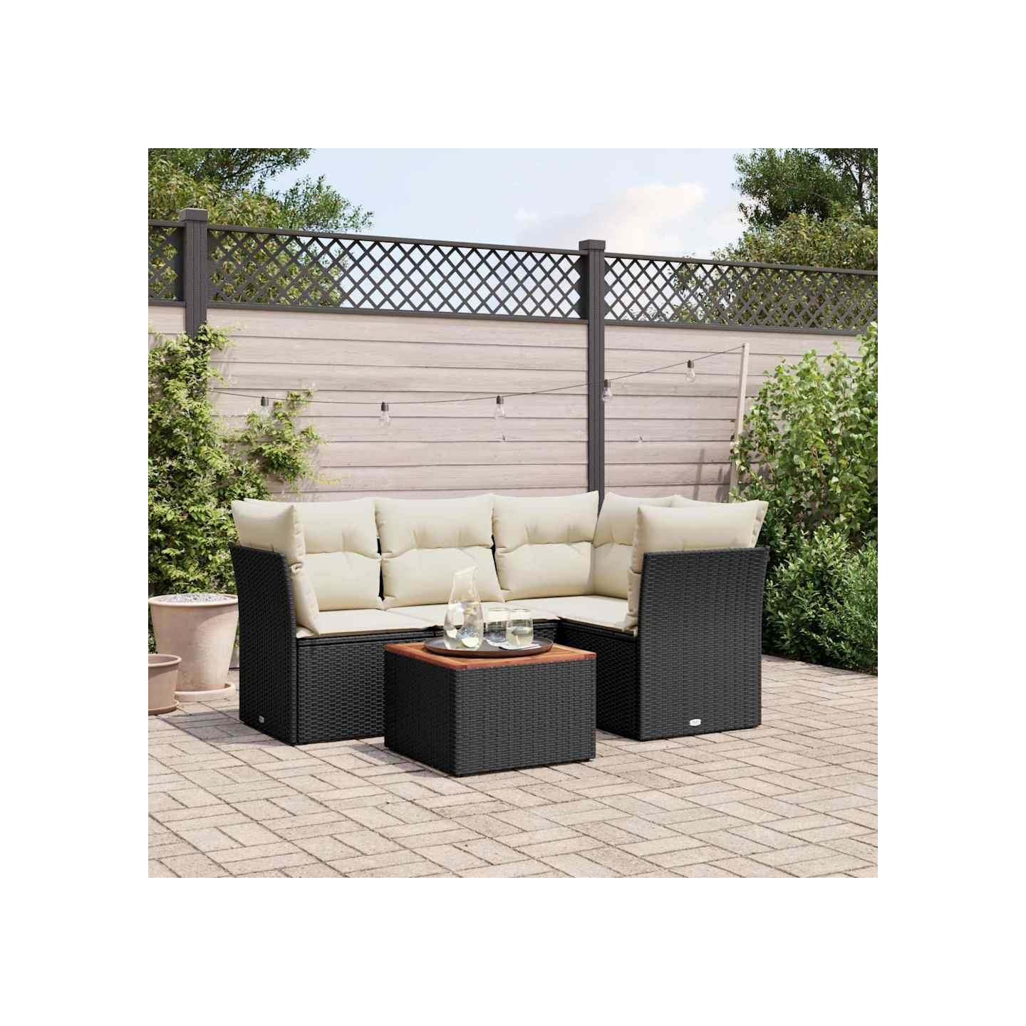 Salon de jardin 5 pcs avec coussins noir résine tressée