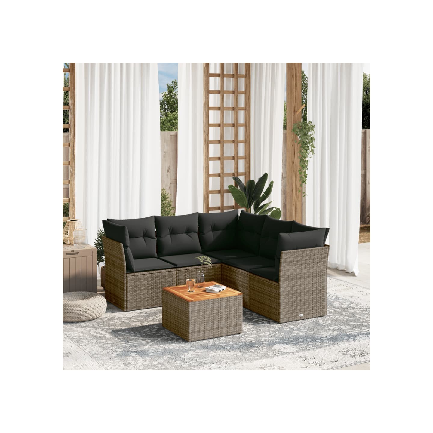 Salon de jardin 6 pcs avec coussins gris résine tressée