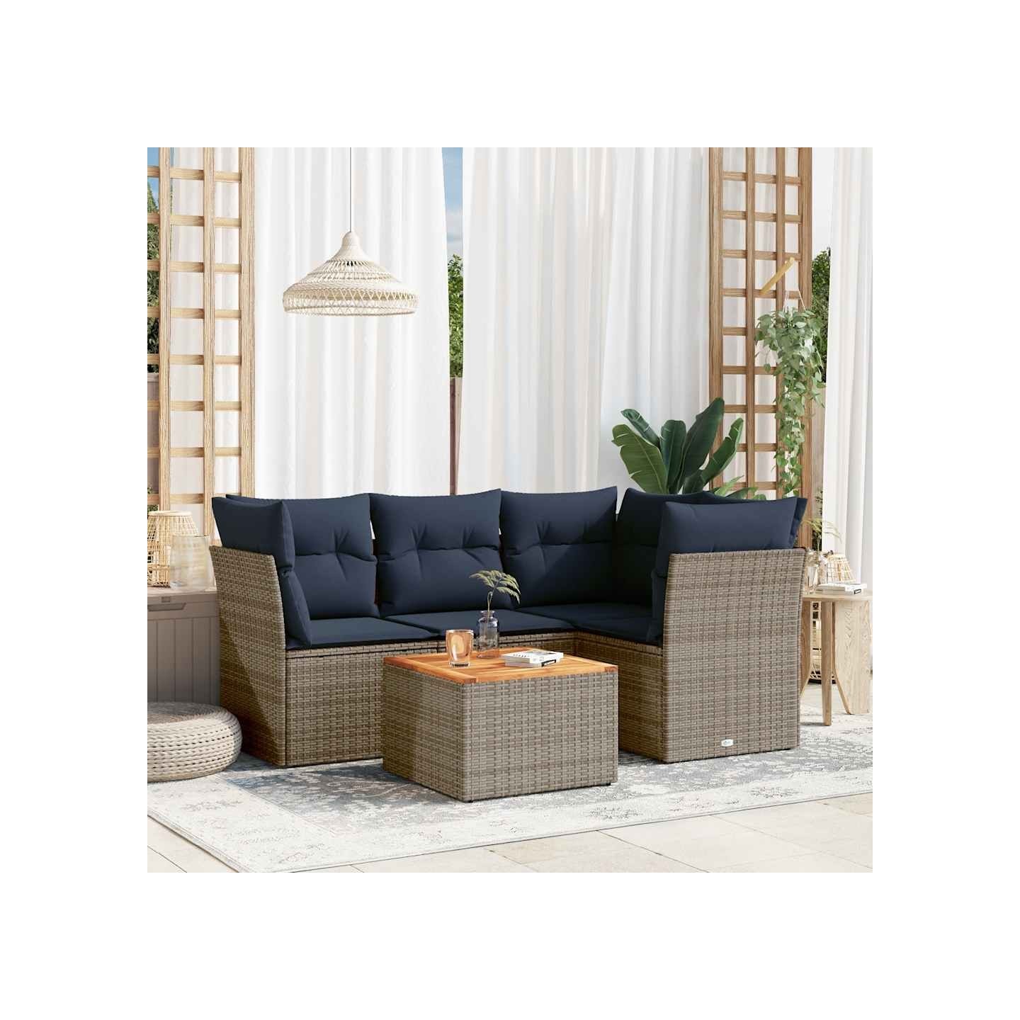 Salon de jardin 5 pcs avec coussins gris résine tressée