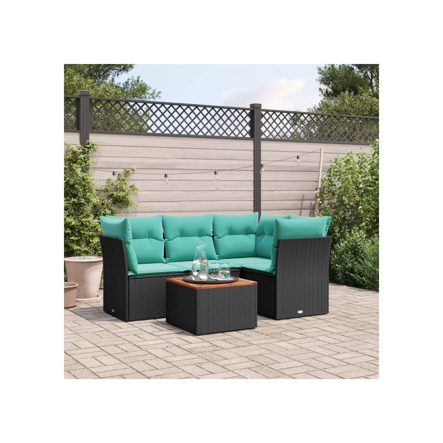 Salon de jardin 5 pcs avec coussins noir résine tressée