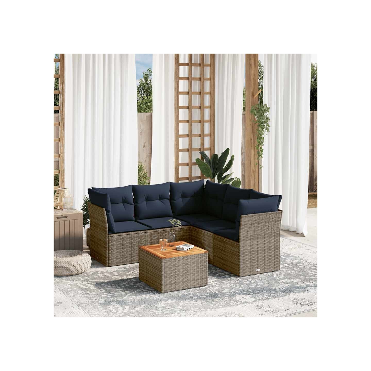 Salon de jardin 6 pcs avec coussins gris résine tressée