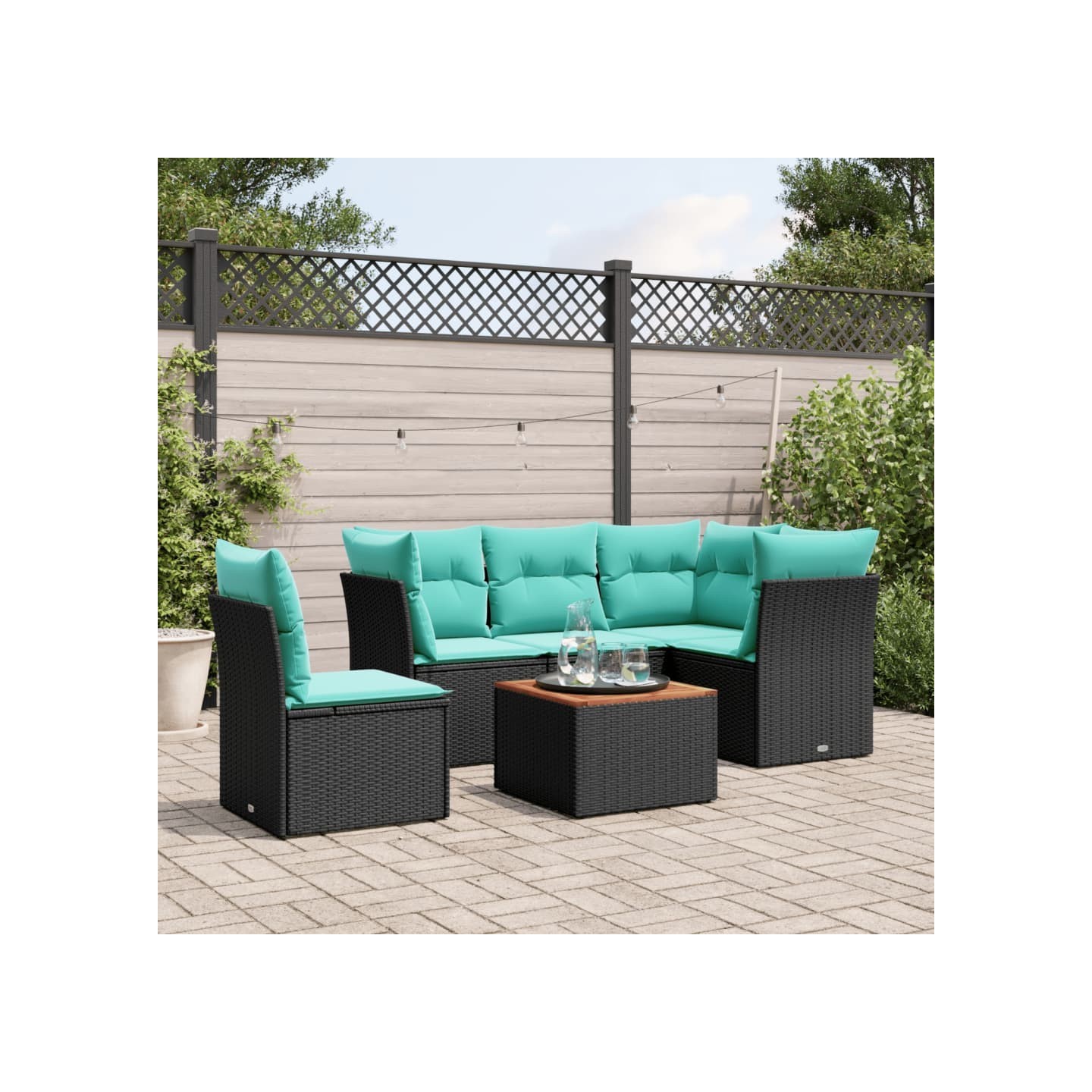 Salon de jardin 6 pcs avec coussins noir résine tressée