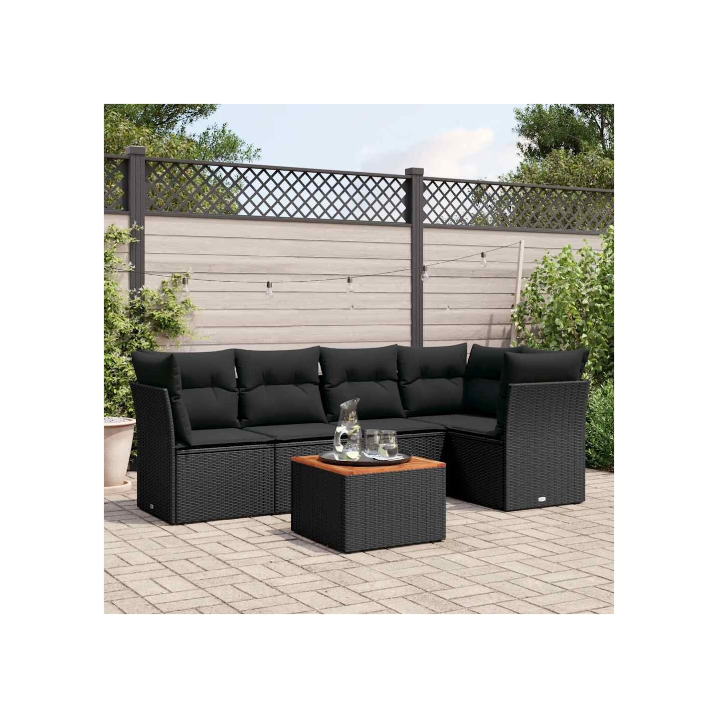 Salon de jardin 6 pcs avec coussins noir résine tressée