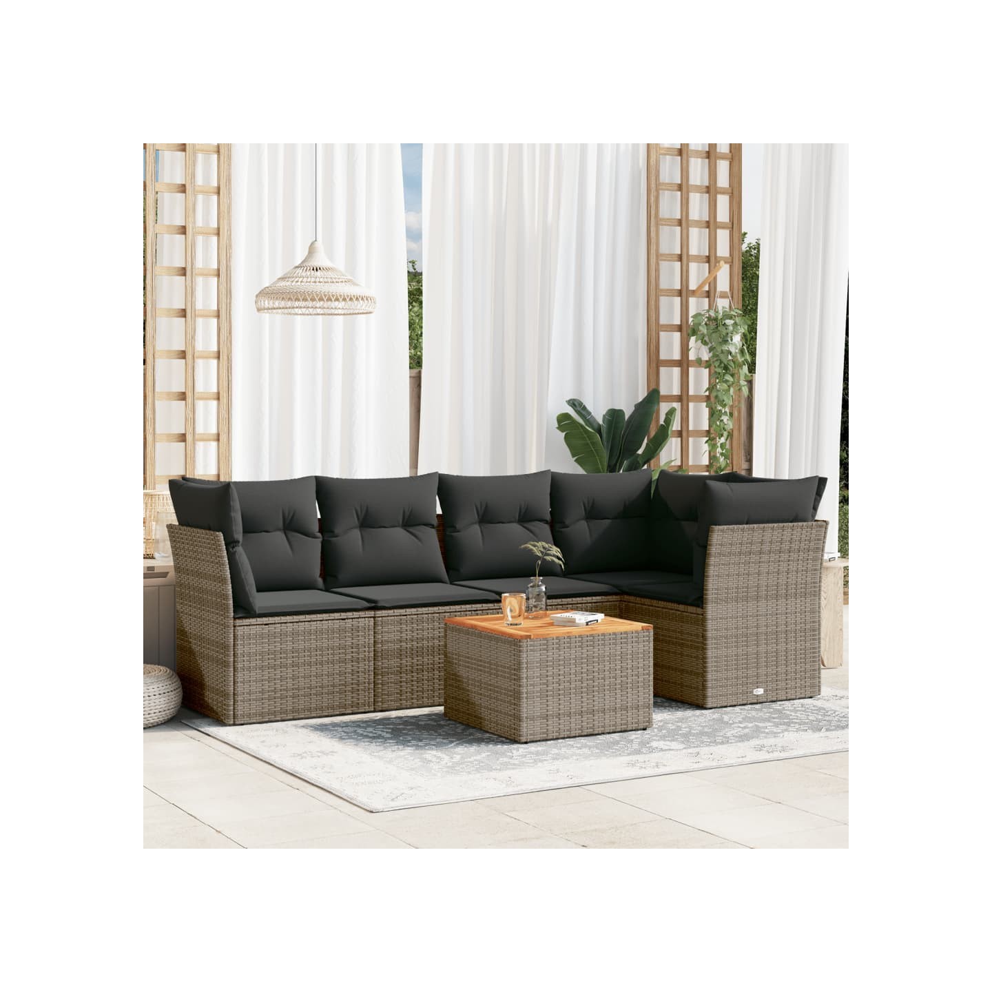 Salon de jardin 6 pcs avec coussins gris résine tressée