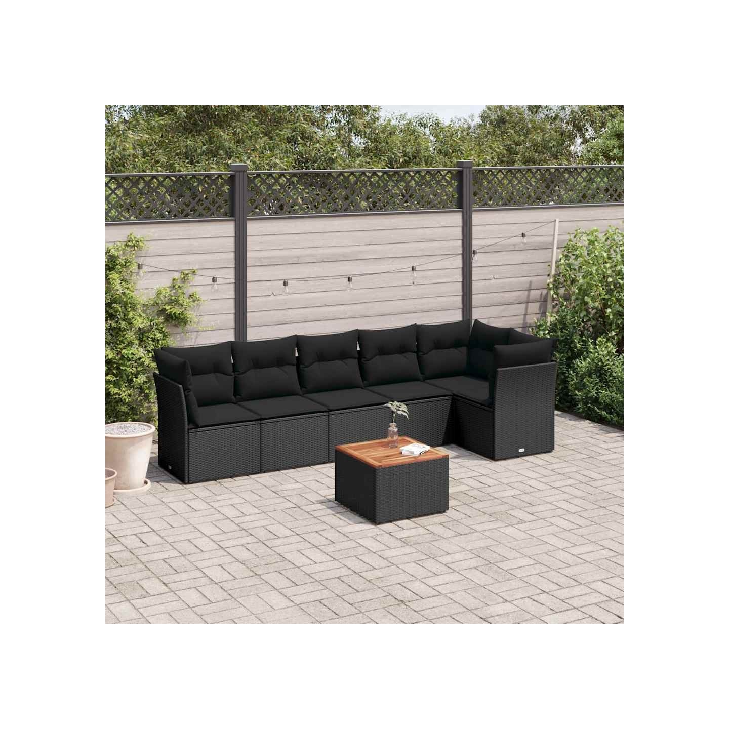 Salon de jardin 7 pcs avec coussins noir résine tressée