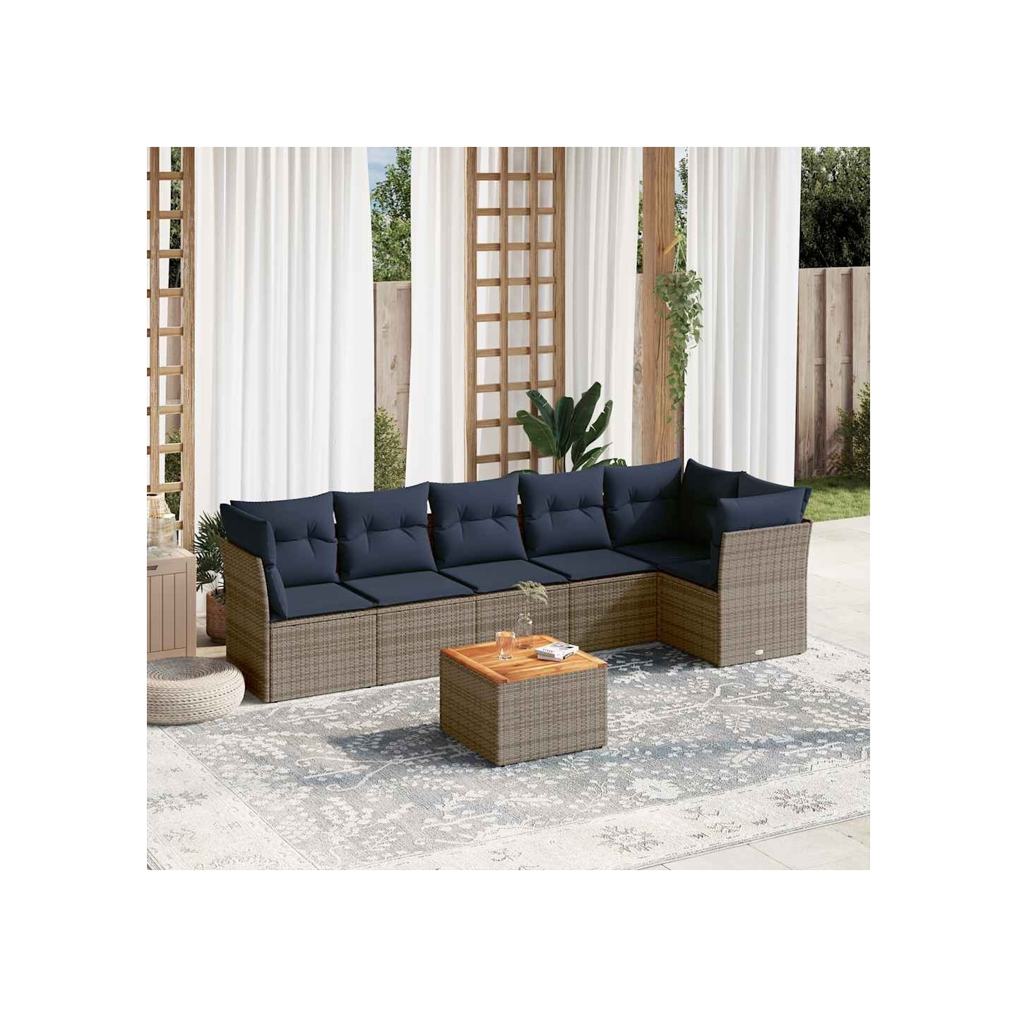 Salon de jardin 7 pcs avec coussins gris résine tressée