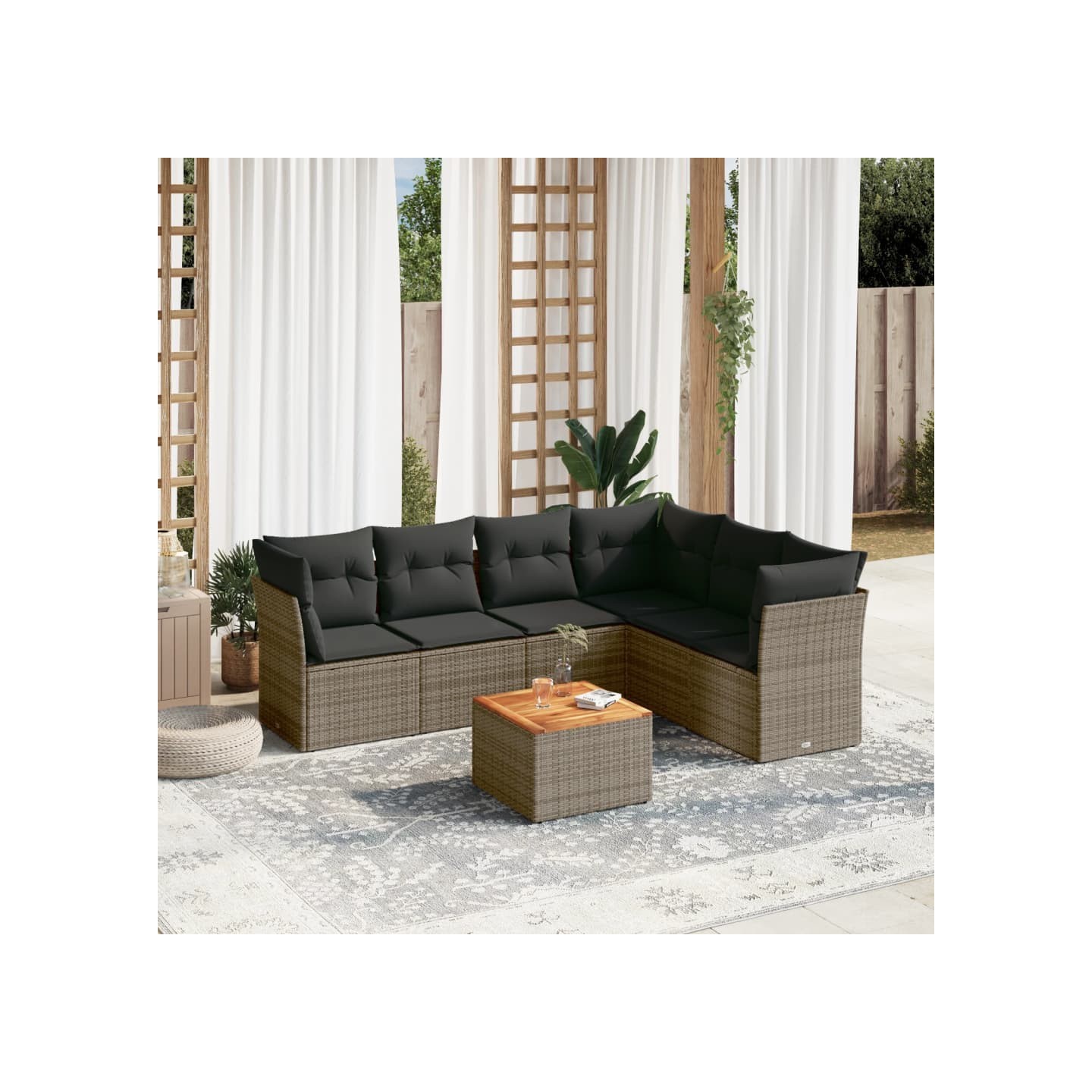 Salon de jardin avec coussins 7 pcs gris résine tressée