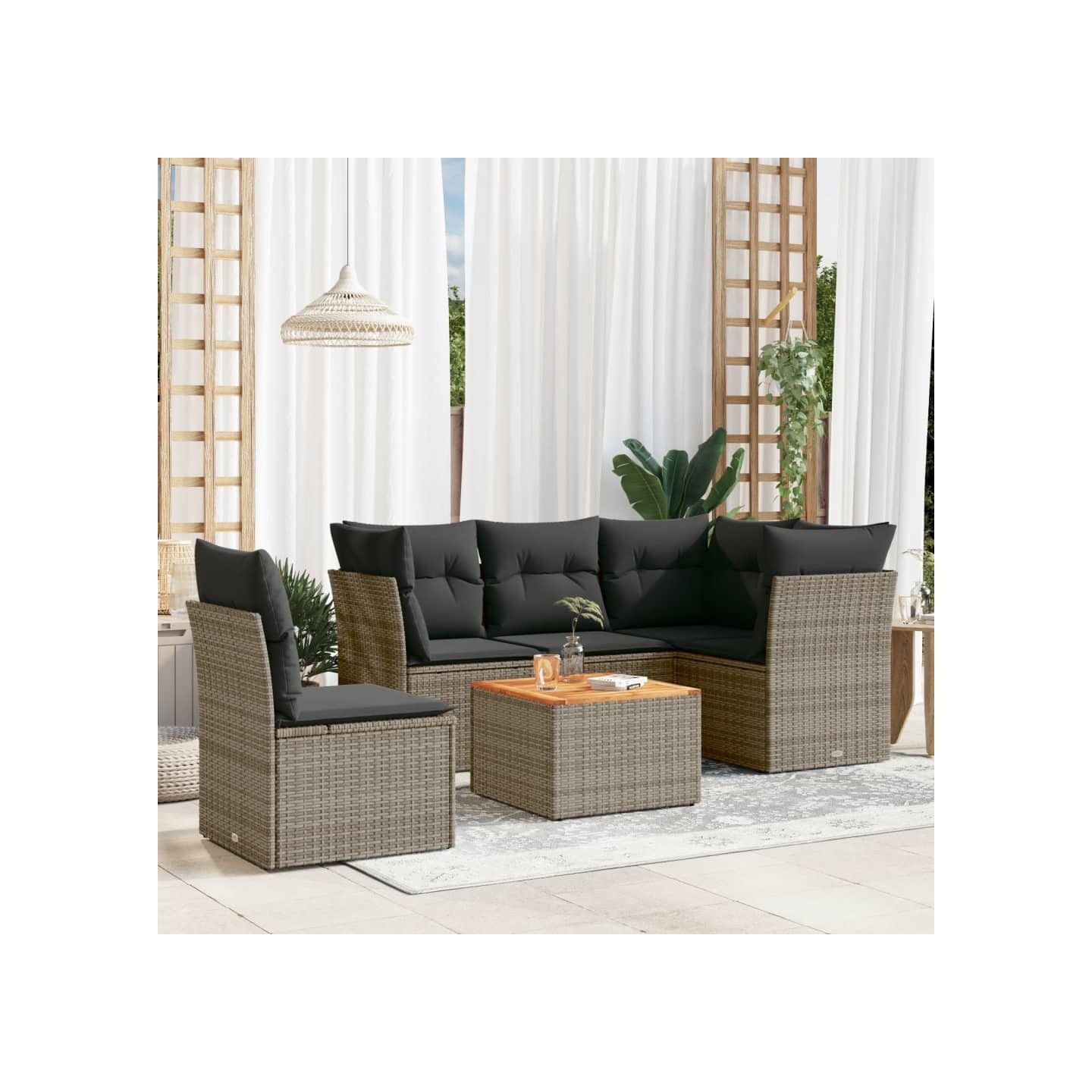 Salon de jardin 6 pcs avec coussins gris résine tressée