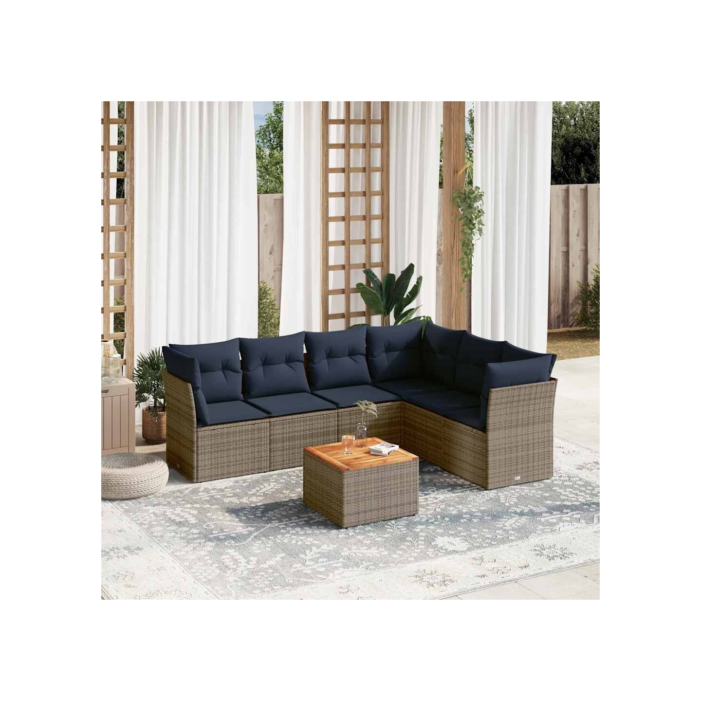 Salon de jardin 7 pcs avec coussins gris résine tressée