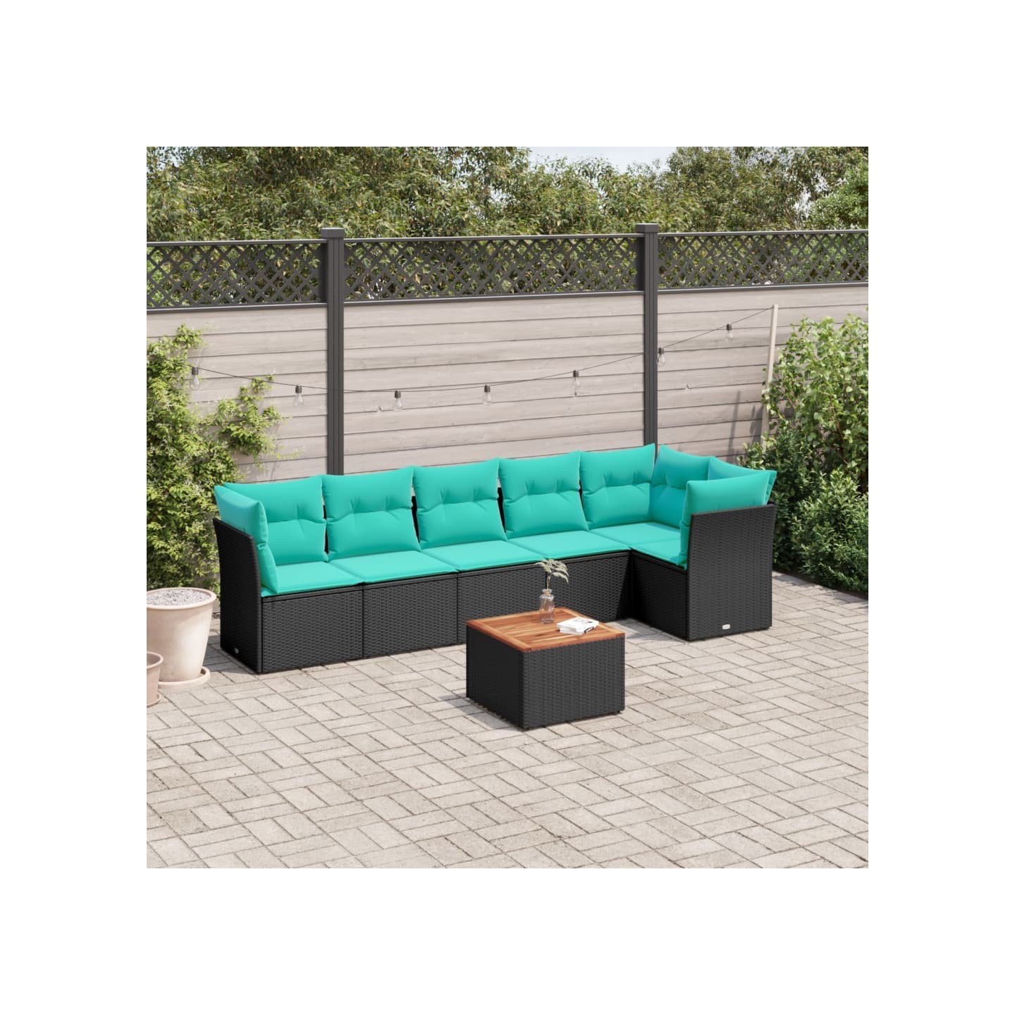 Salon de jardin 7 pcs avec coussins noir résine tressée