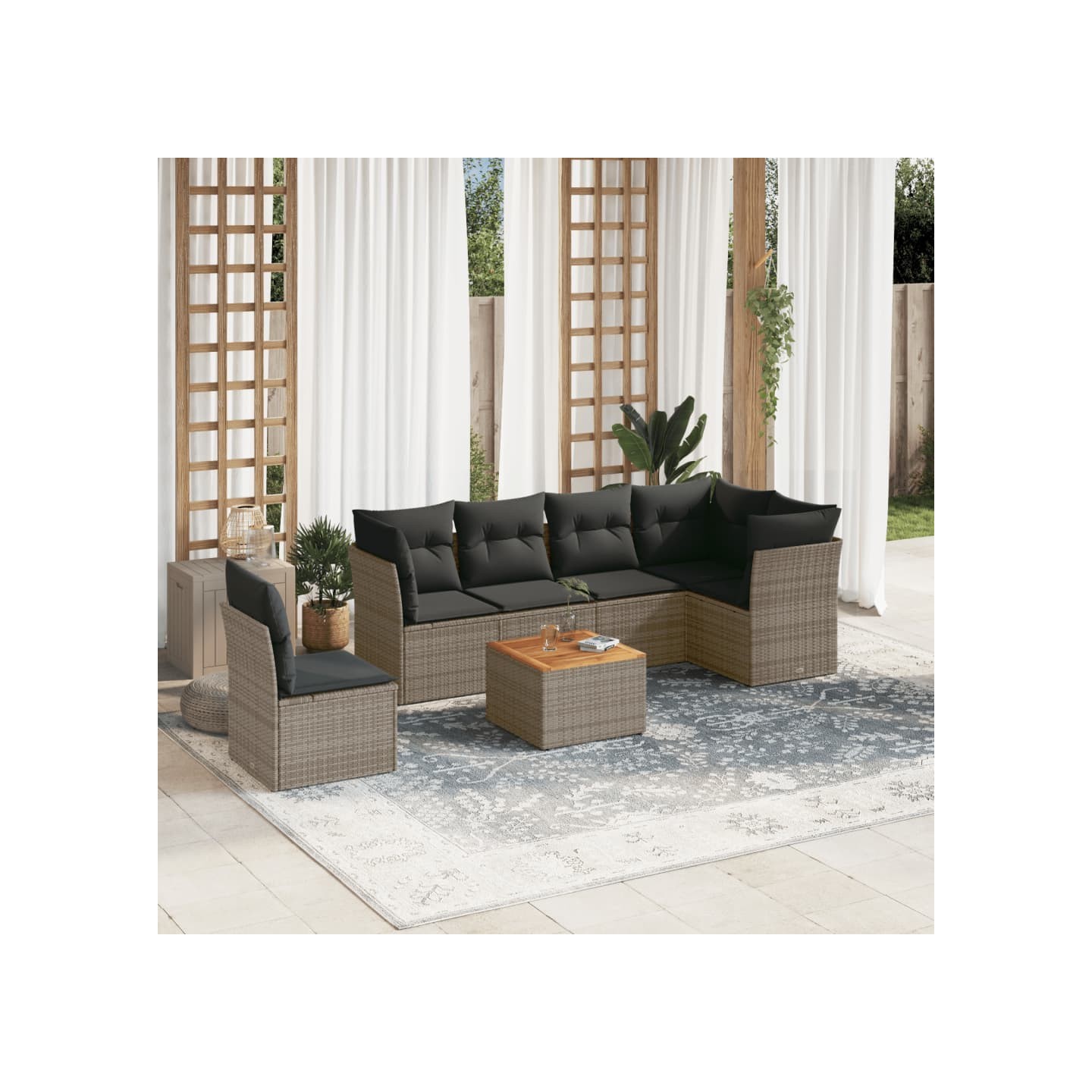 Salon de jardin avec coussins 7 pcs gris résine tressée