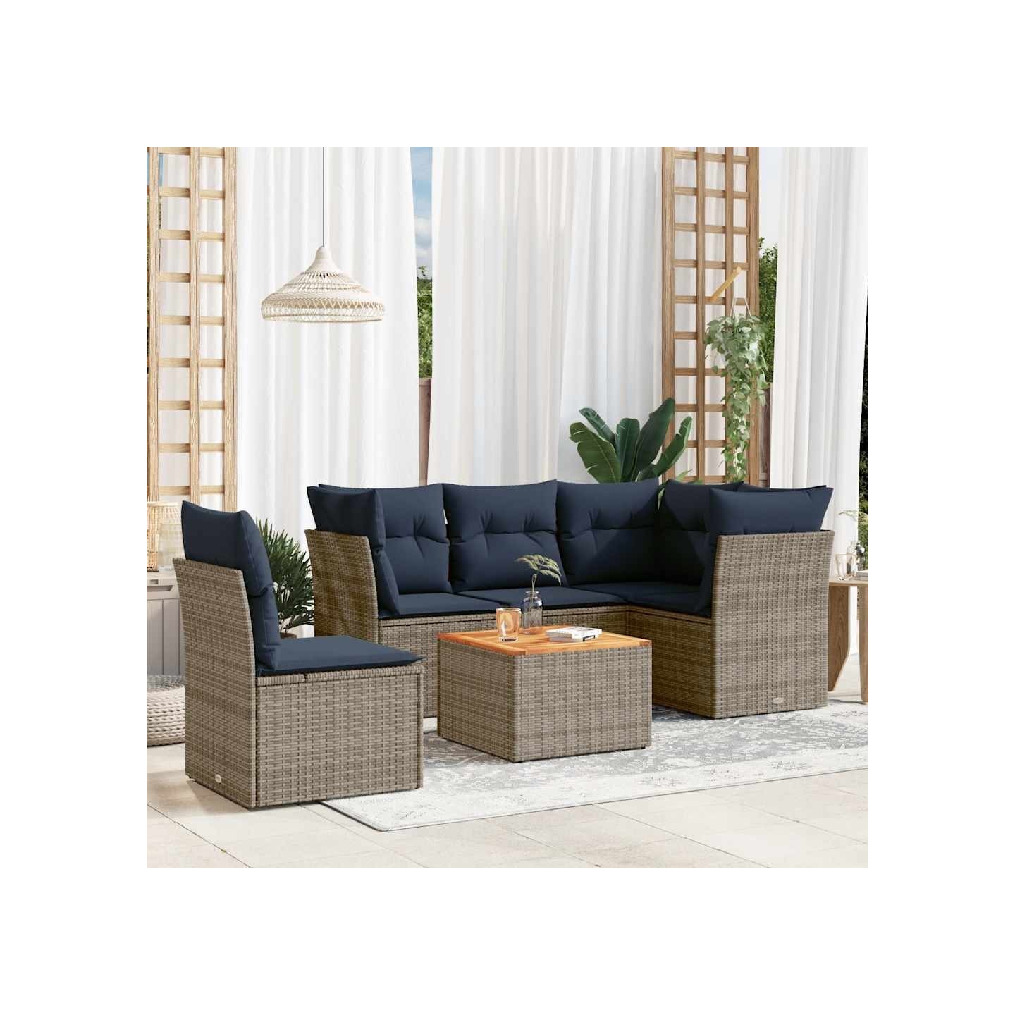 Salon de jardin 6 pcs avec coussins gris résine tressée