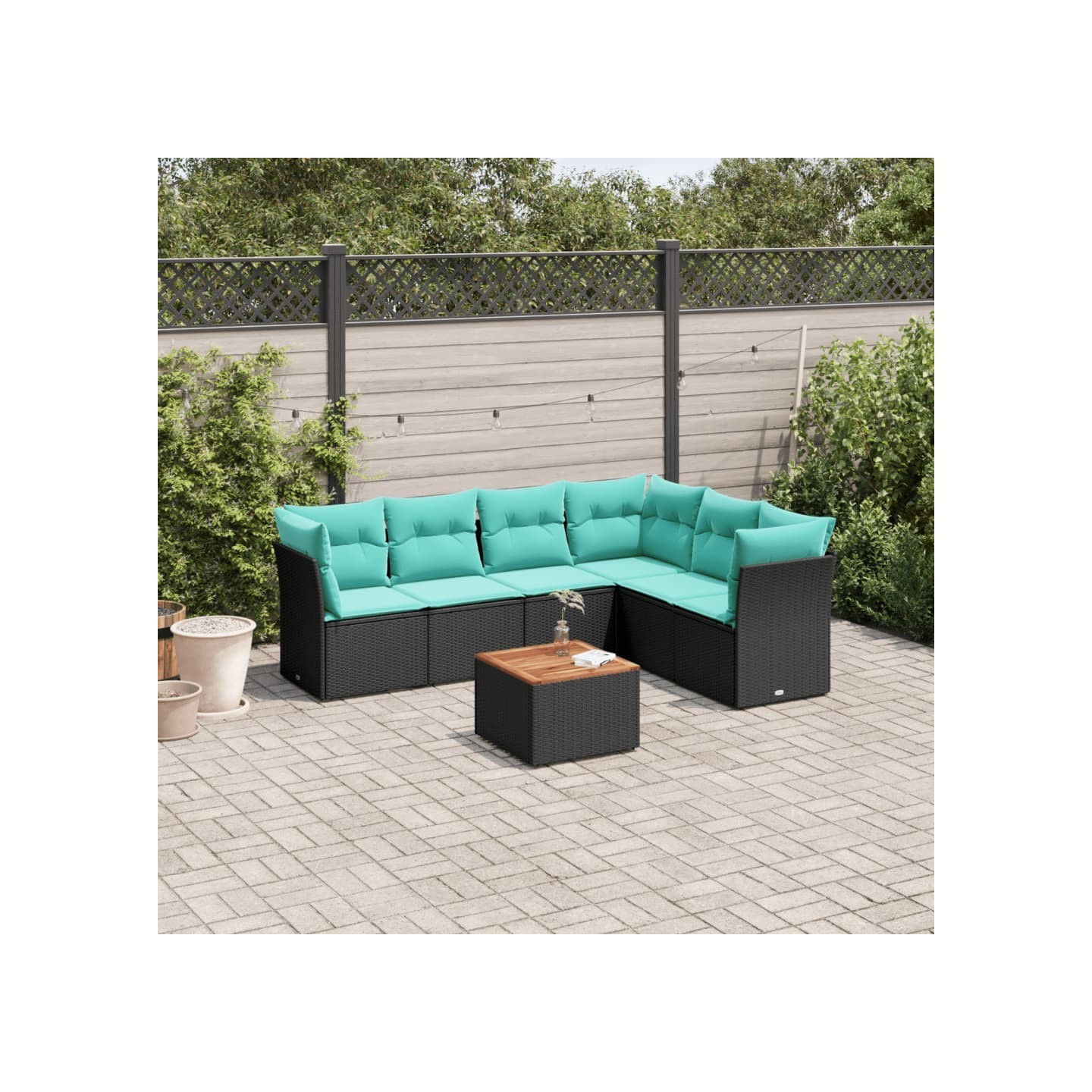 Salon de jardin 7 pcs avec coussins noir résine tressée