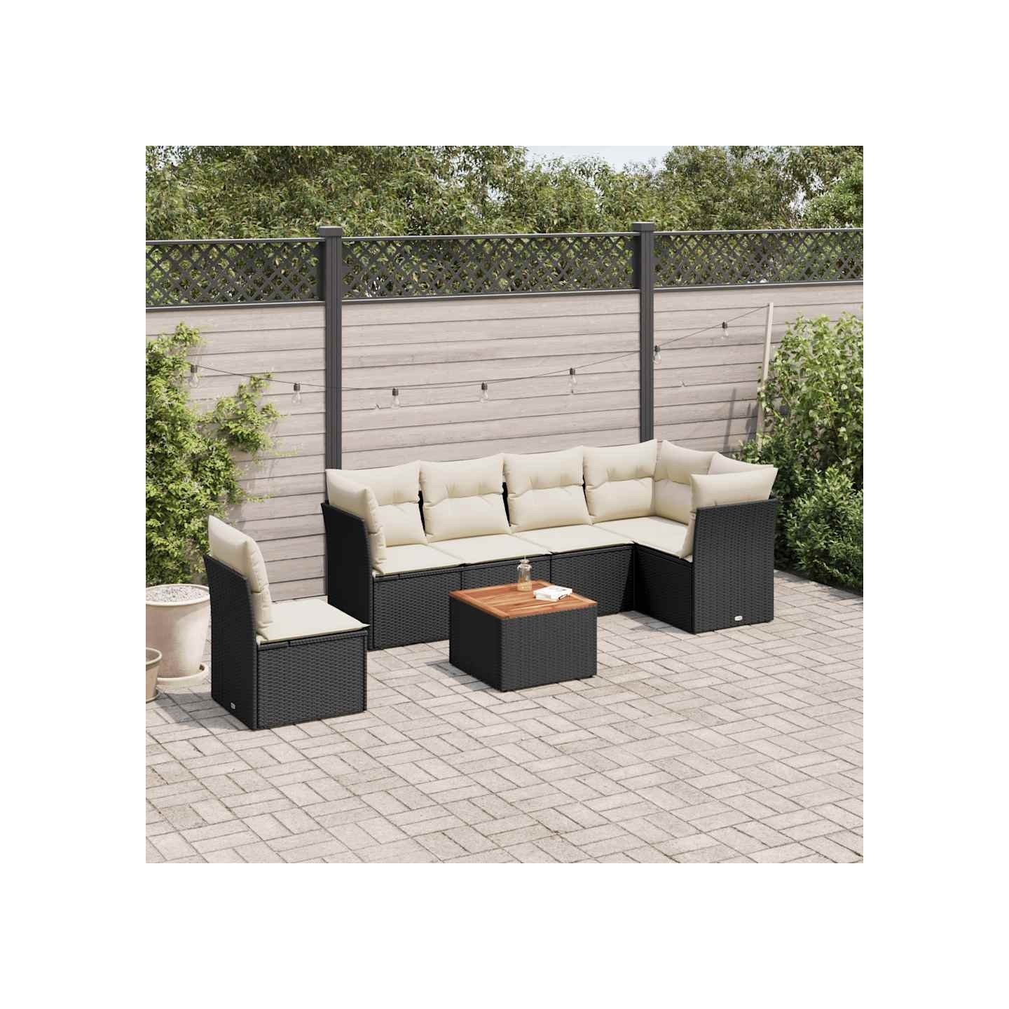 Salon de jardin 7 pcs avec coussins noir résine tressée