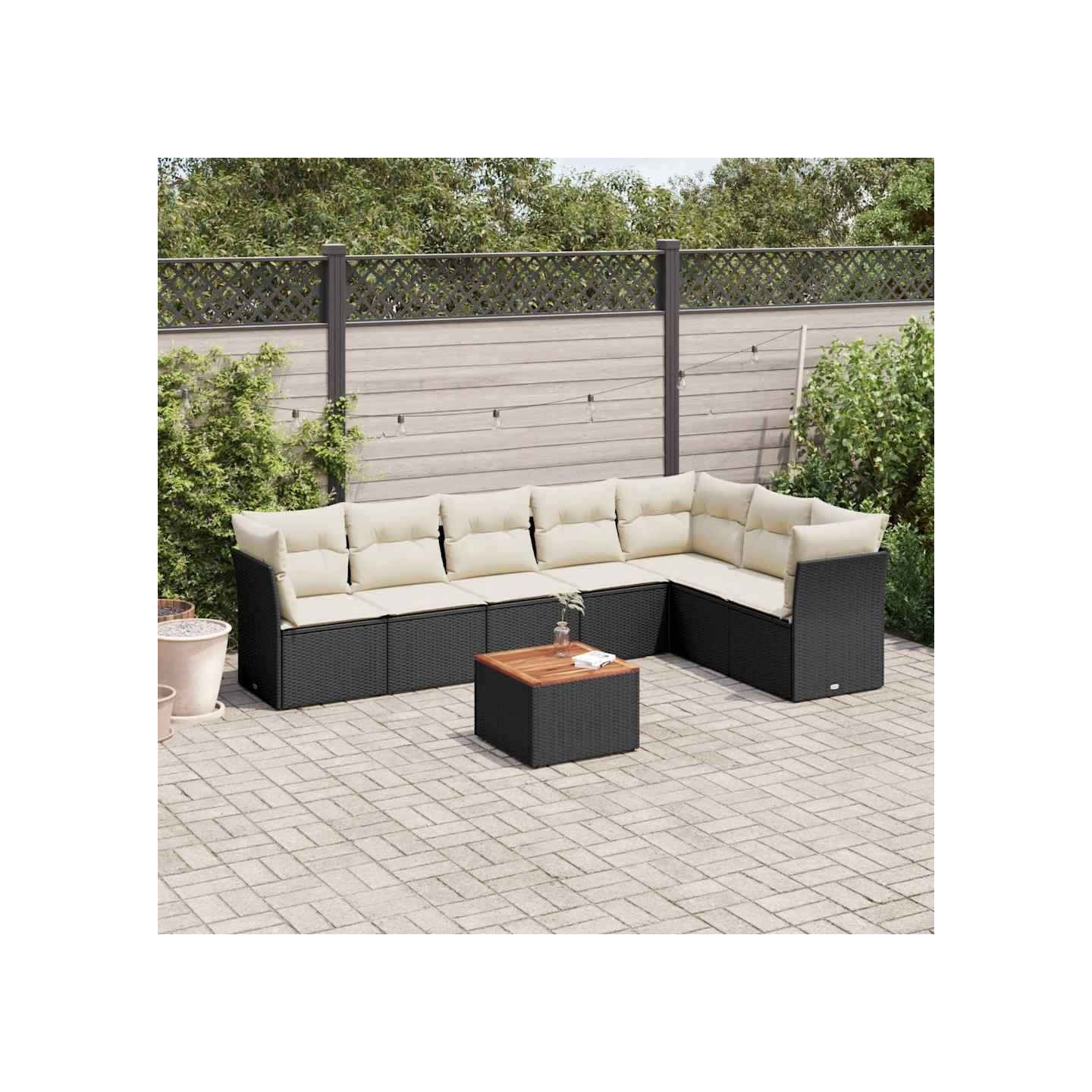 Salon de jardin 8 pcs avec coussins noir résine tressée