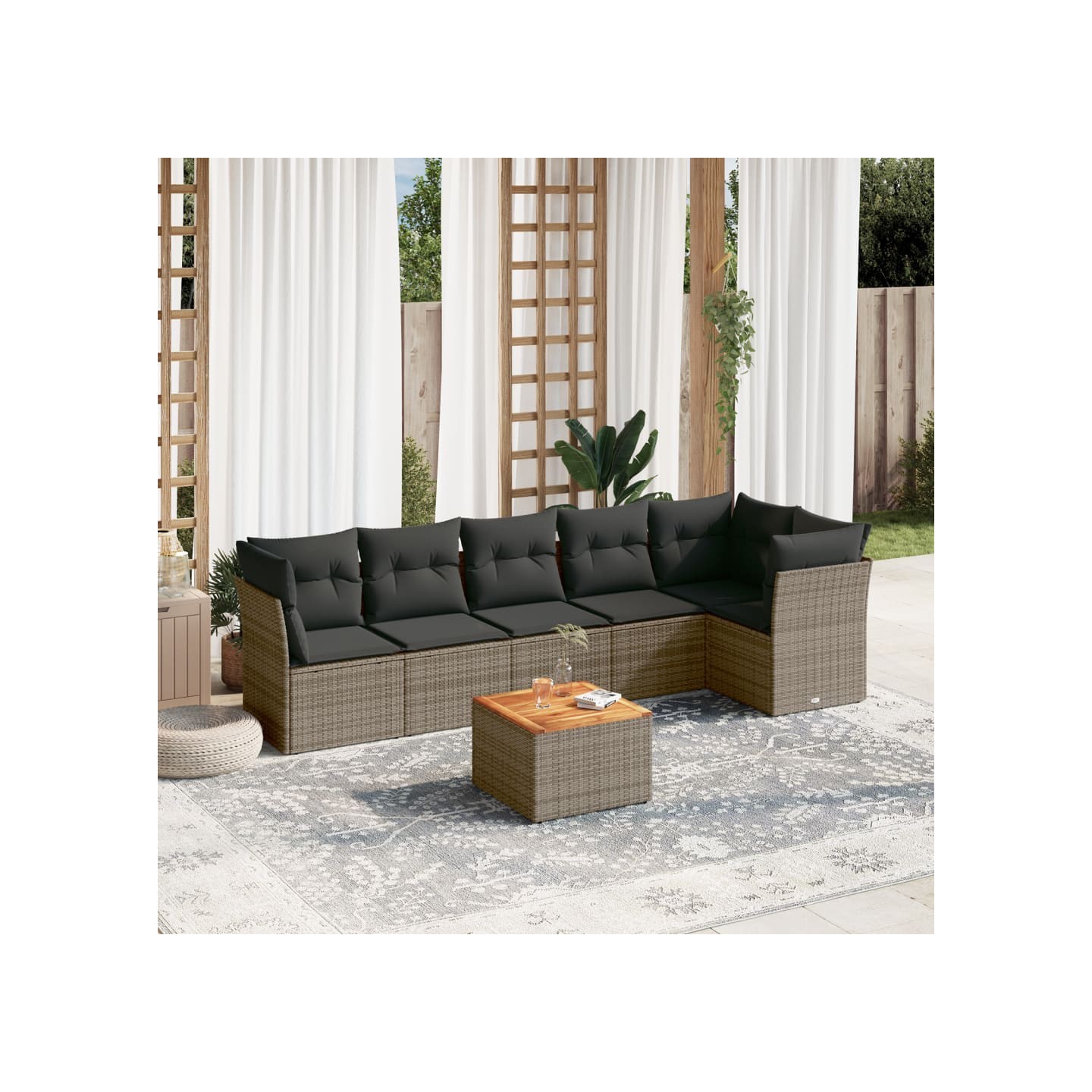 Salon de jardin avec coussins 7 pcs gris résine tressée