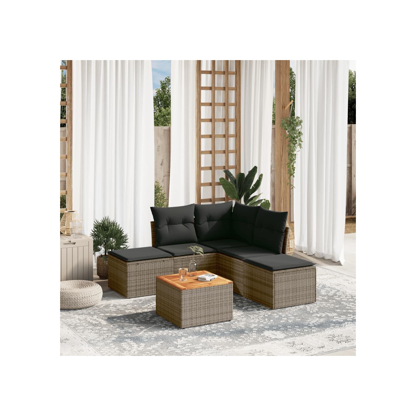 Salon de jardin 6 pcs avec coussins gris résine tressée