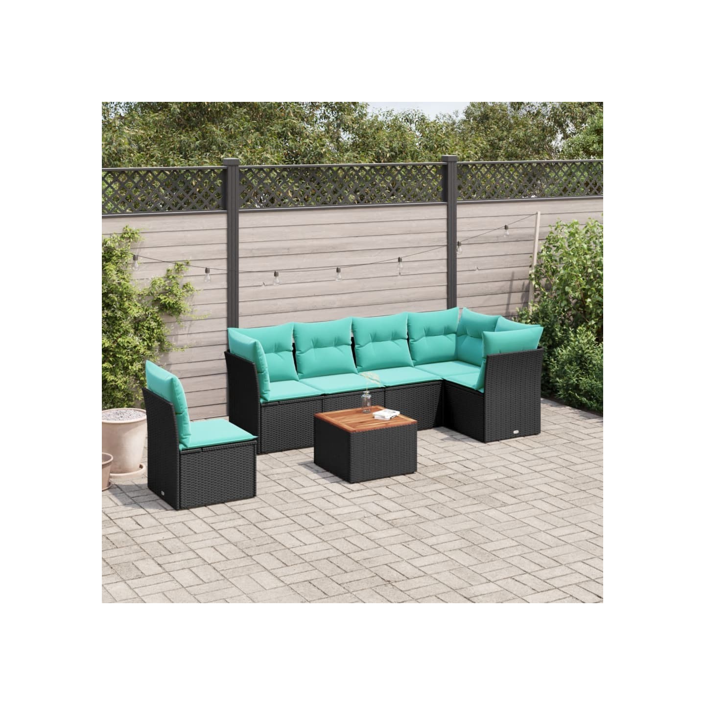 Salon de jardin 7 pcs avec coussins noir résine tressée