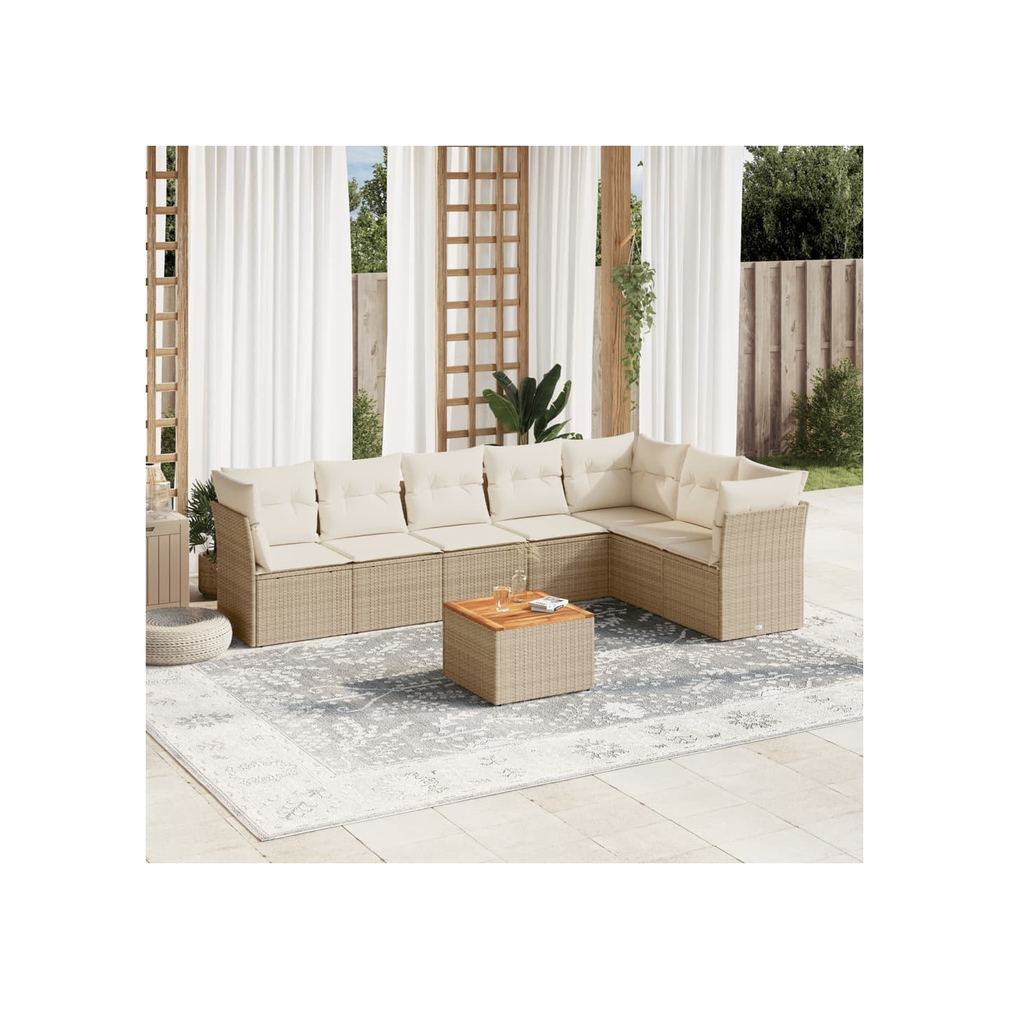 Salon de jardin avec coussins 8 pcs beige résine tressée